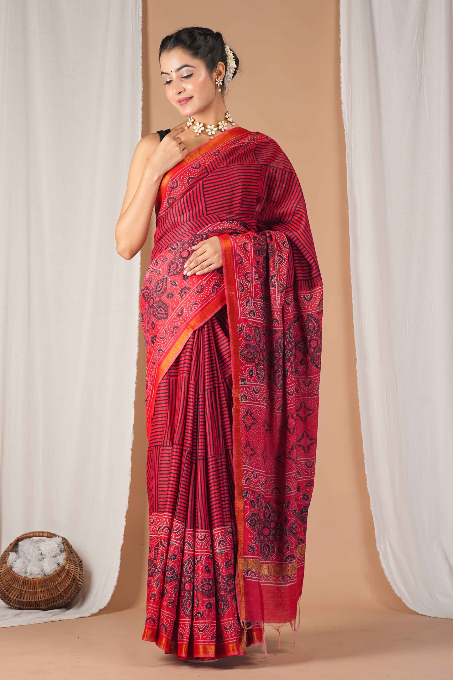 Anuttara Women's Bhagalpuri Red Cotton Silk Hand Block with Golden Border Ethnic Saree With Blouse_AFS1525-FS