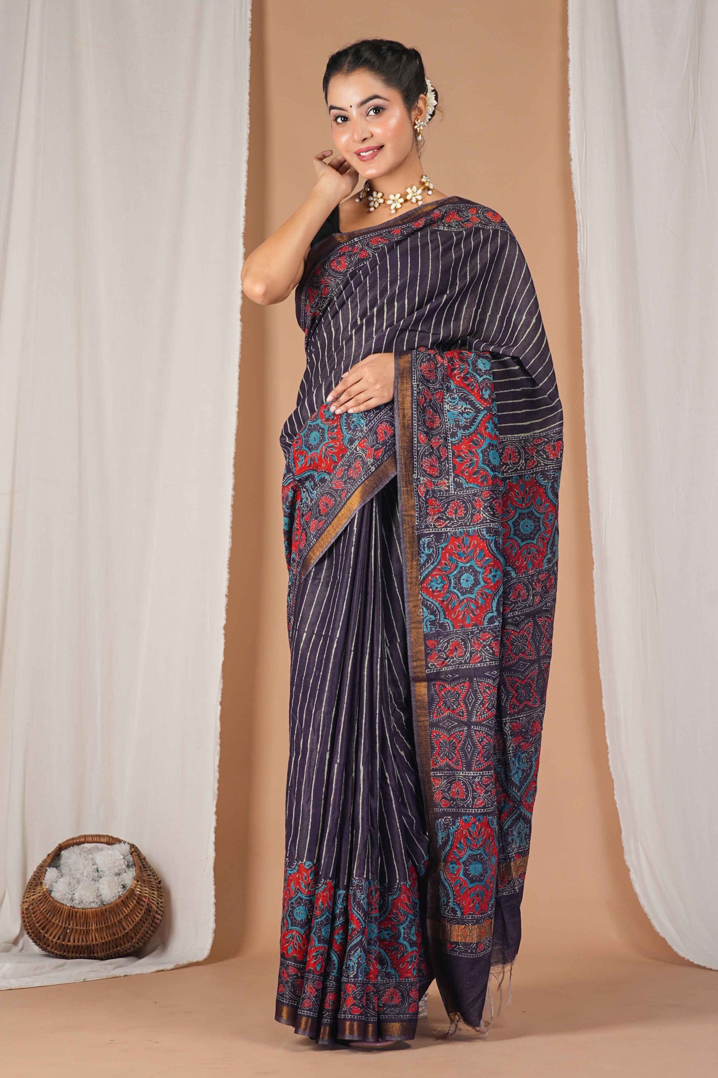 Anuttara Women's Bhagalpuri Purple Cotton Silk Hand Block with Golden Border Ethnic Saree With Blouse_AFS1526-FS