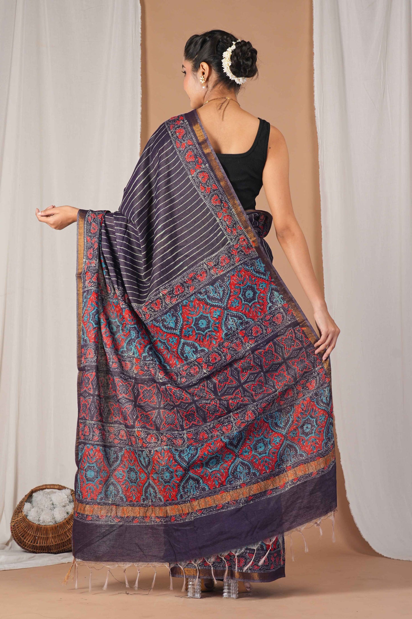 Anuttara Women's Bhagalpuri Purple Cotton Silk Hand Block with Golden Border Ethnic Saree With Blouse_AFS1526-FS