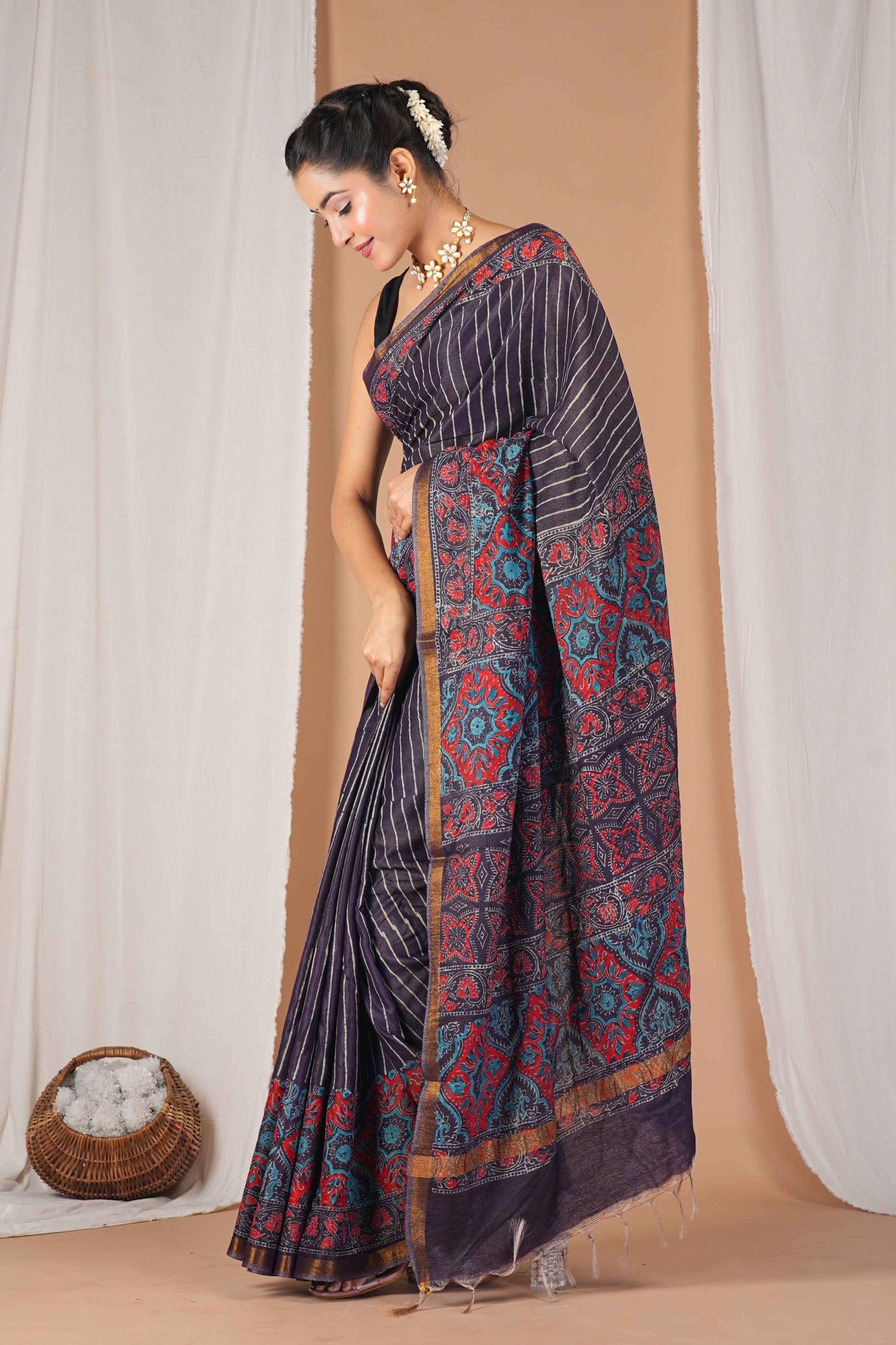 Anuttara Women's Bhagalpuri Purple Cotton Silk Hand Block with Golden Border Ethnic Saree With Blouse_AFS1526-FS