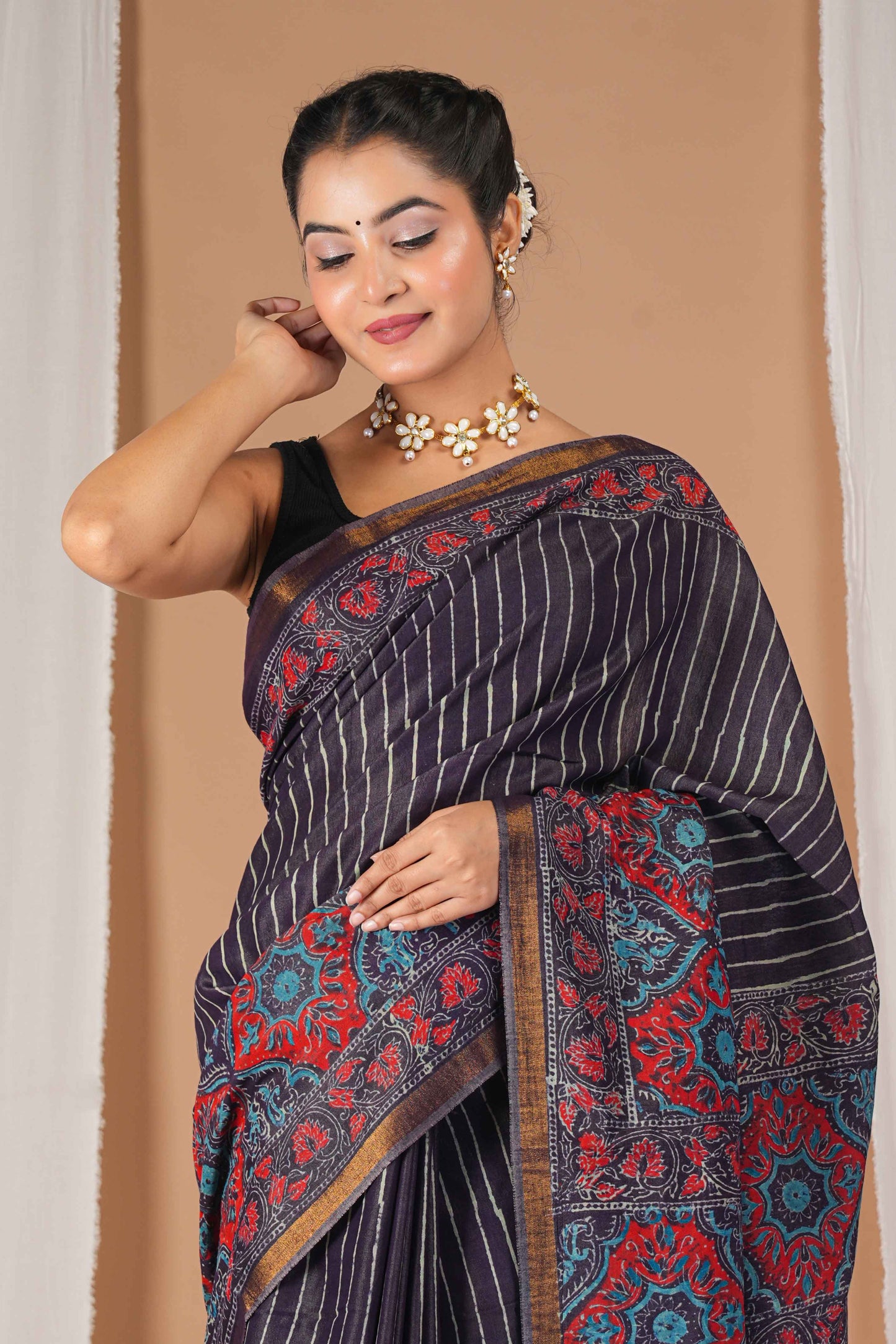 Anuttara Women's Bhagalpuri Purple Cotton Silk Hand Block with Golden Border Ethnic Saree With Blouse_AFS1526-FS