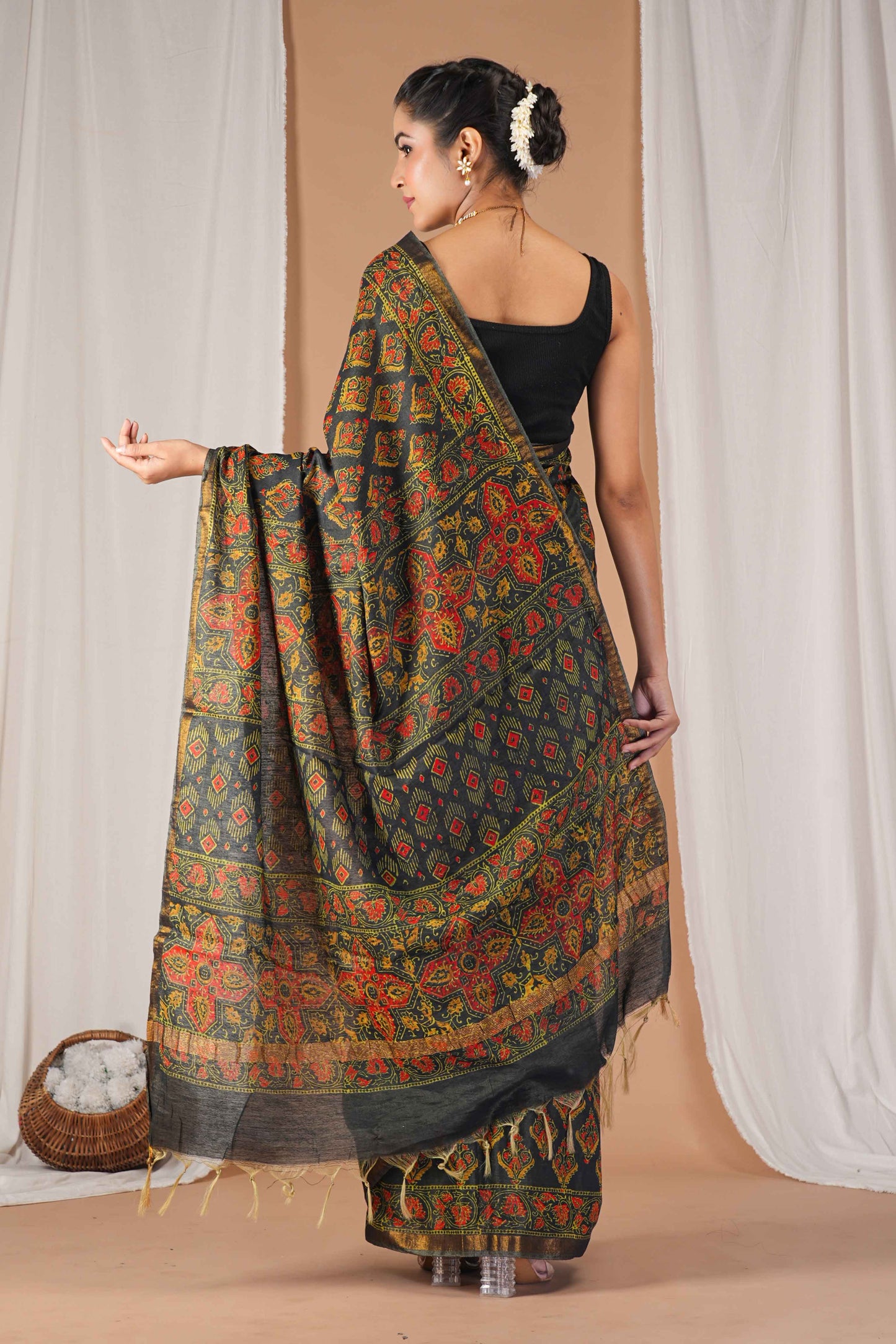 Anuttara Women's Bhagalpuri Rama Green Cotton Silk Hand Block with Golden Border Ethnic Saree With Blouse_AFS1527-FS