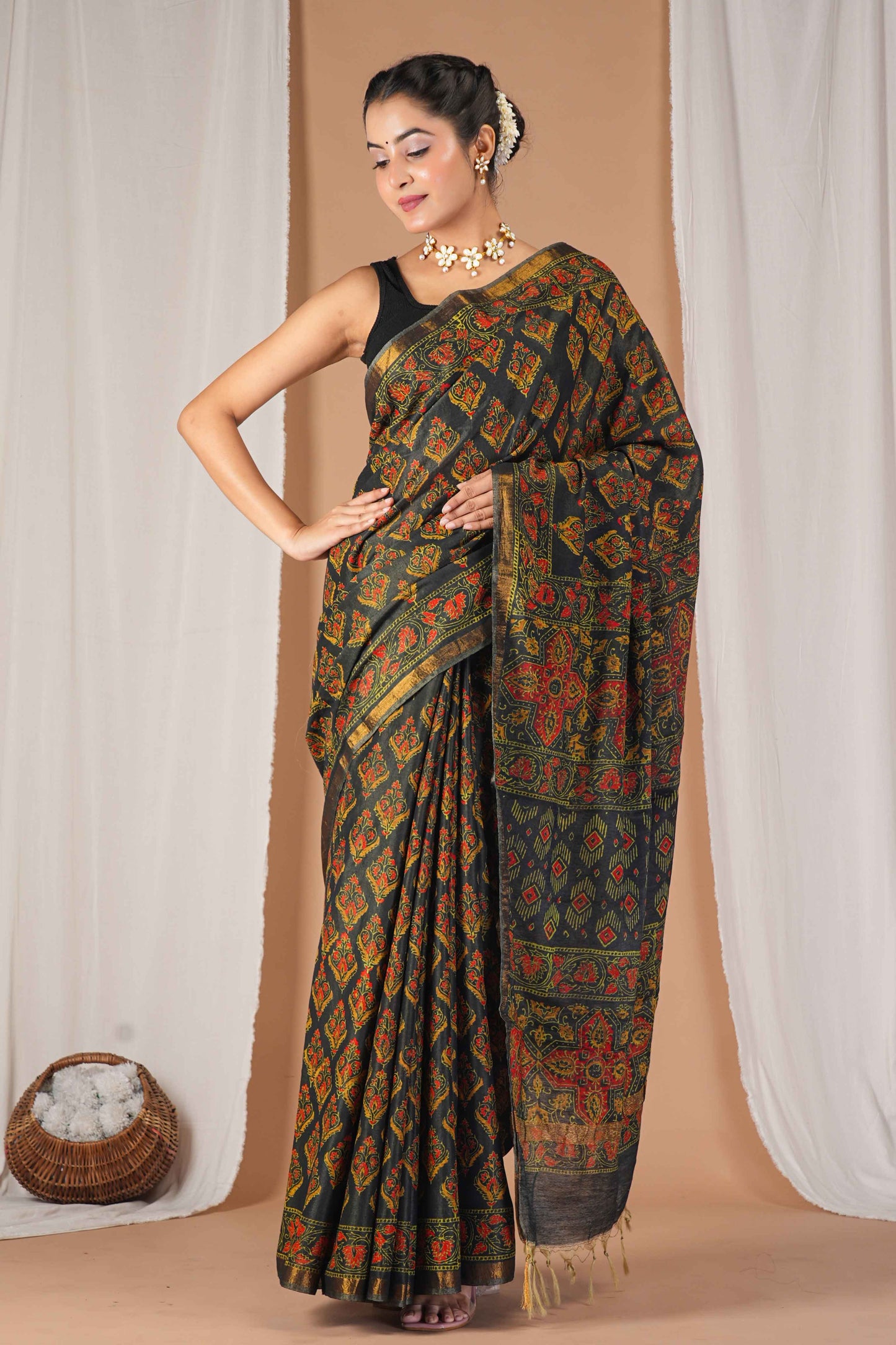 Anuttara Women's Bhagalpuri Rama Green Cotton Silk Hand Block with Golden Border Ethnic Saree With Blouse_AFS1527-FS