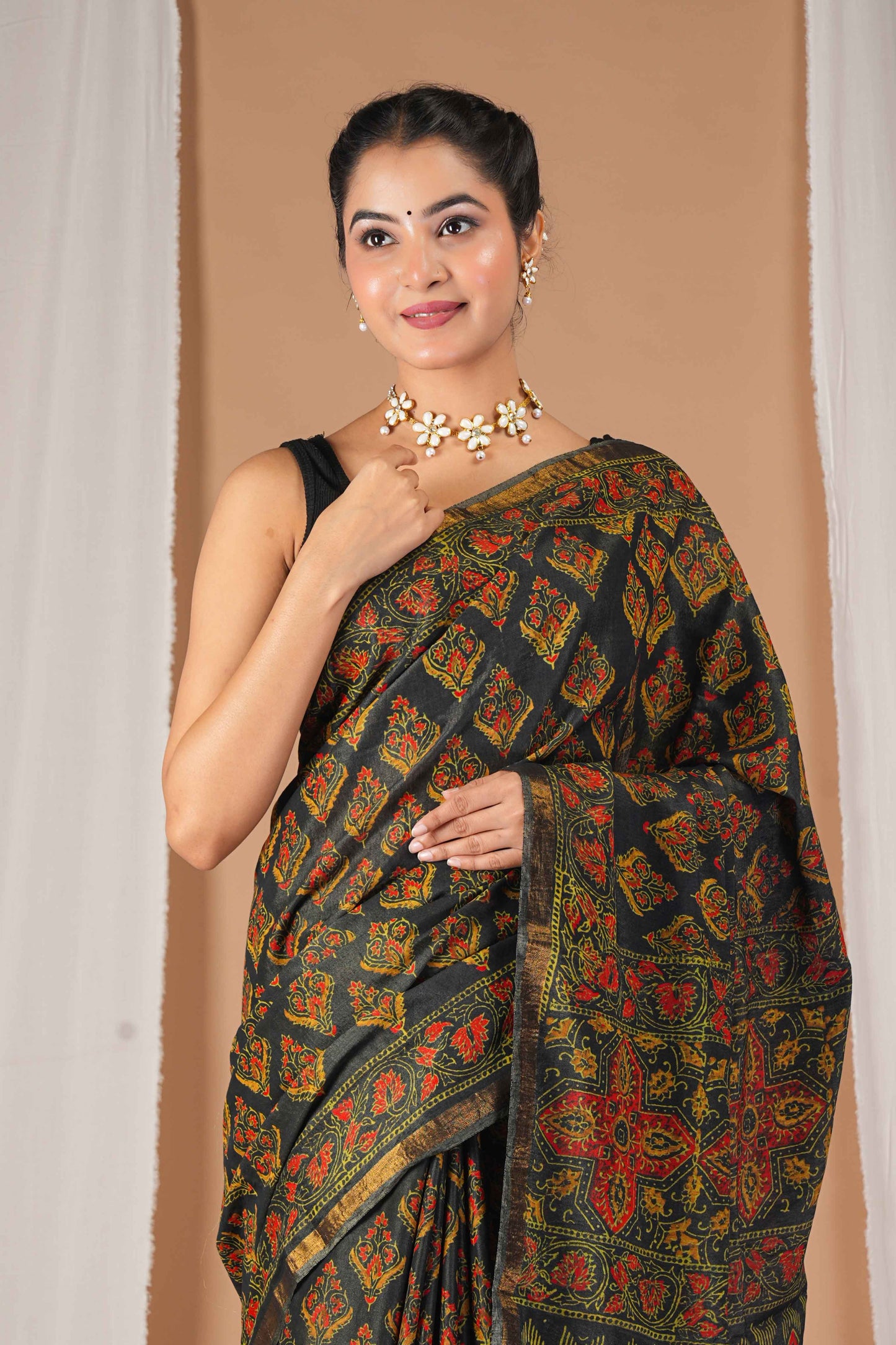 Anuttara Women's Bhagalpuri Rama Green Cotton Silk Hand Block with Golden Border Ethnic Saree With Blouse_AFS1527-FS