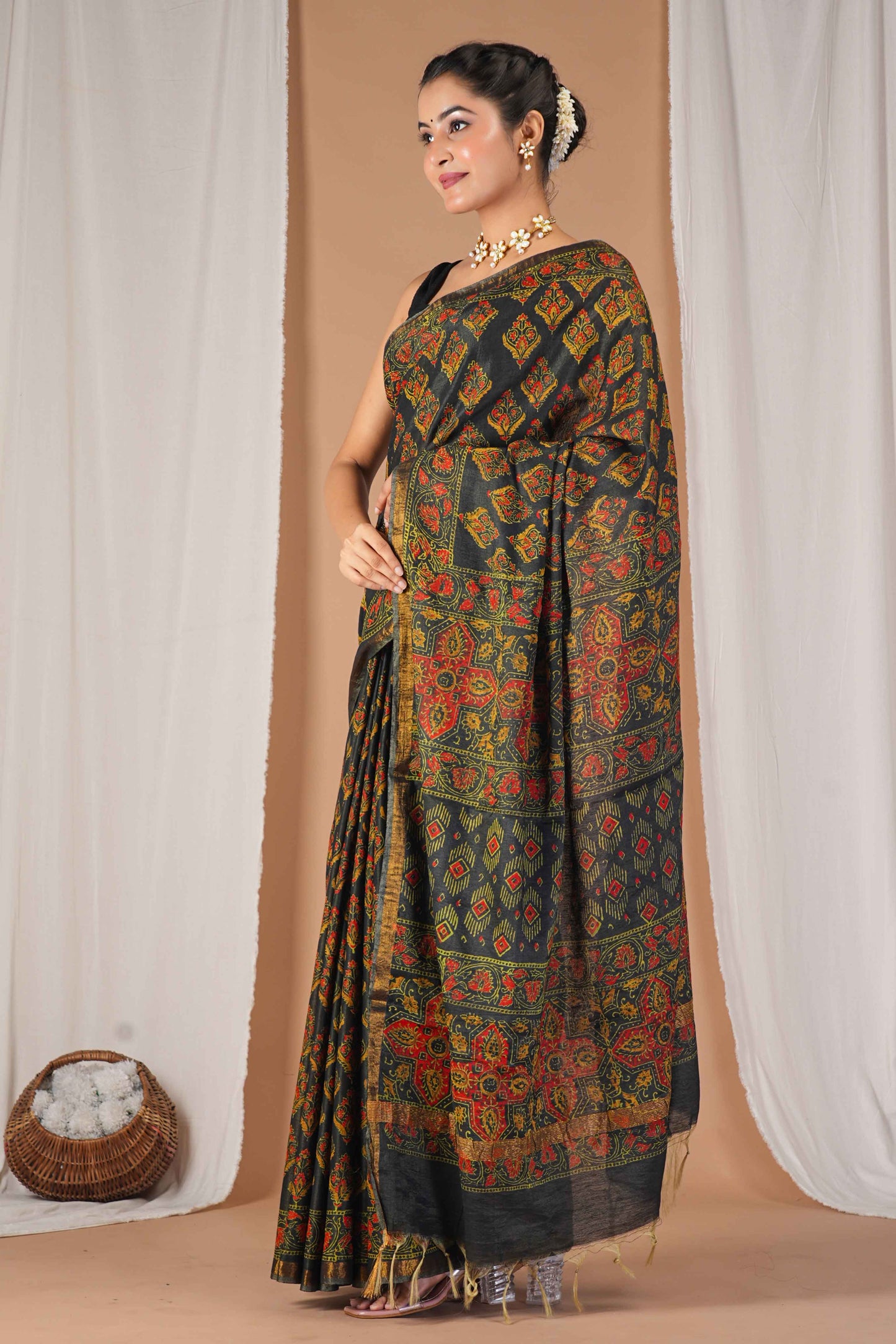 Anuttara Women's Bhagalpuri Rama Green Cotton Silk Hand Block with Golden Border Ethnic Saree With Blouse_AFS1527-FS