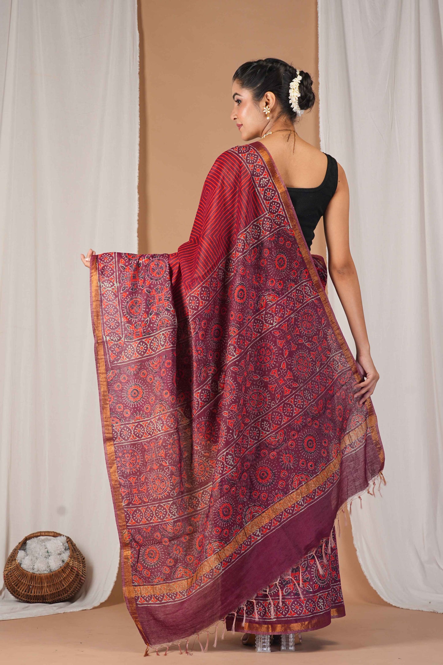 Anuttara Women's Bhagalpuri Maroon Cotton Silk Hand Block with Golden Border Ethnic Saree With Blouse_AFS1528-FS