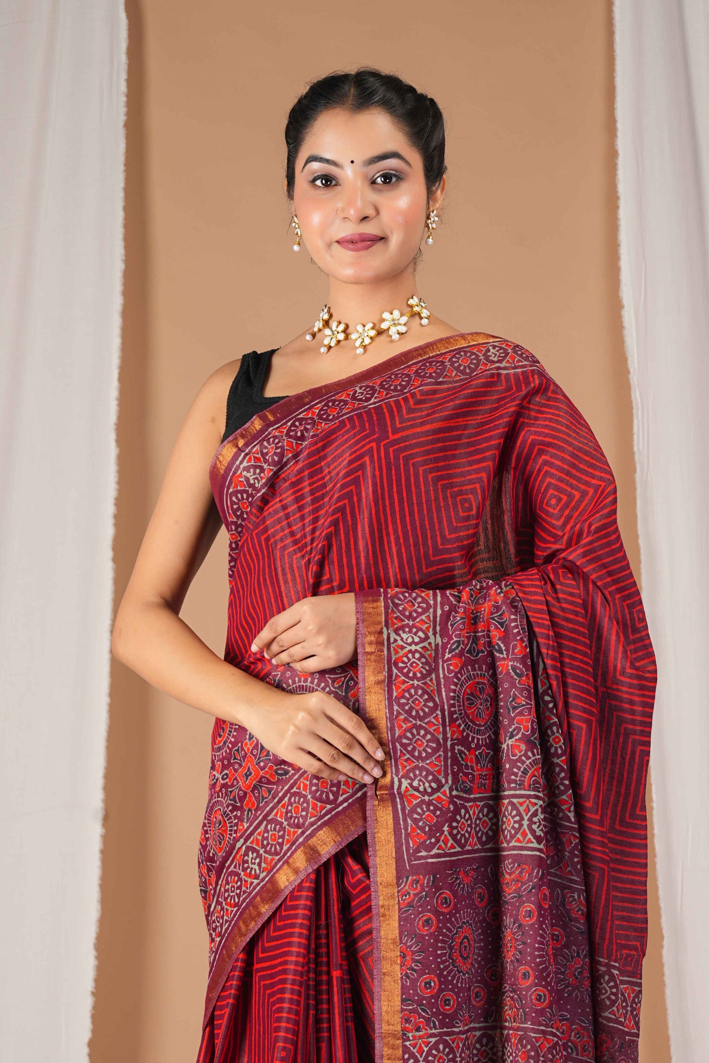 Anuttara Women's Bhagalpuri Maroon Cotton Silk Hand Block with Golden Border Ethnic Saree With Blouse_AFS1528-FS
