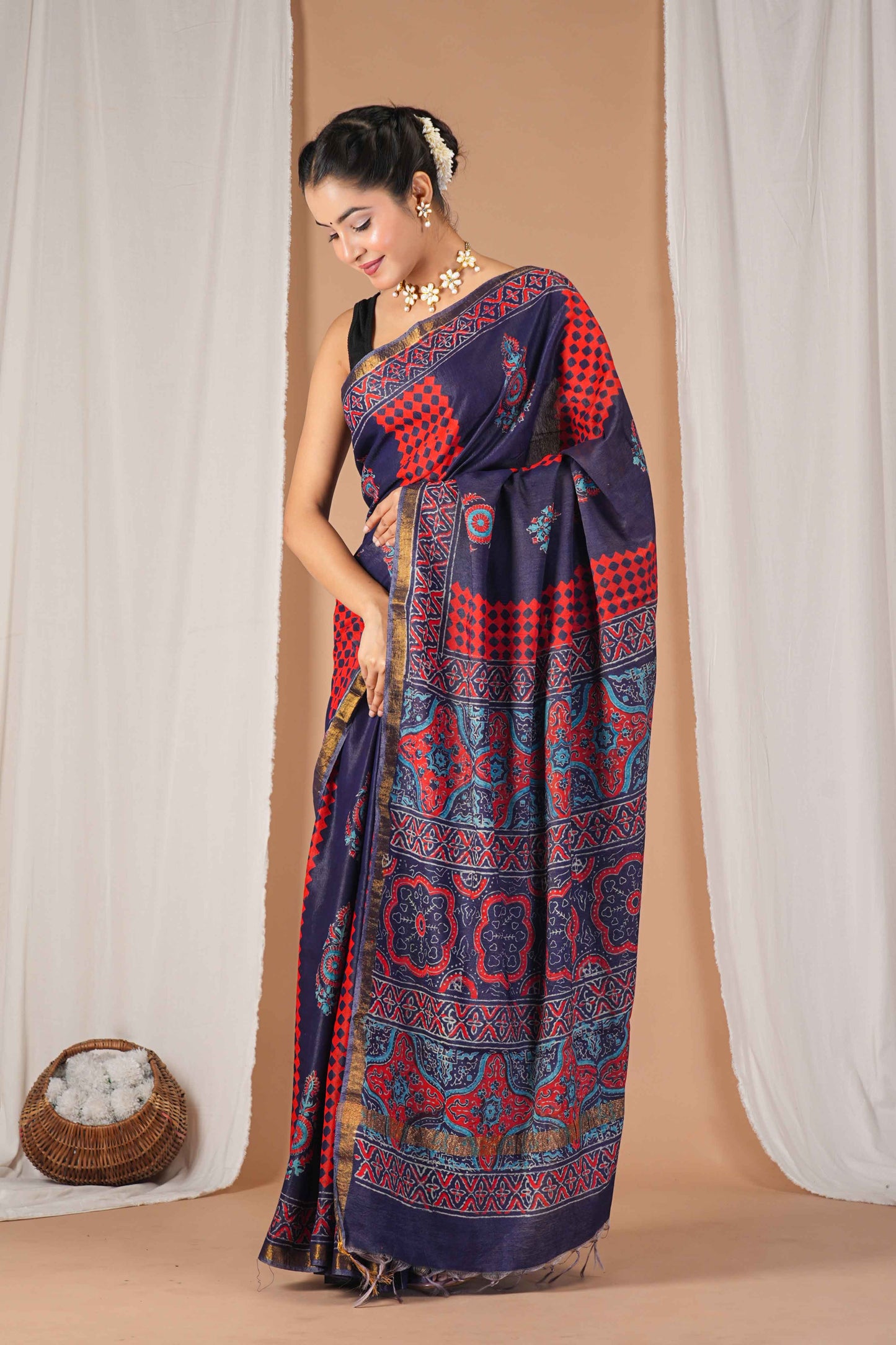 Anuttara Women's Bhagalpuri Multicolor Cotton Silk Hand Block with Golden Border Ethnic Saree With Blouse_AFS1529-FS