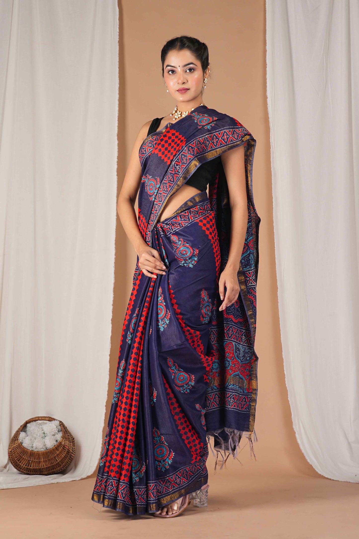 Anuttara Women's Bhagalpuri Multicolor Cotton Silk Hand Block with Golden Border Ethnic Saree With Blouse_AFS1529-FS