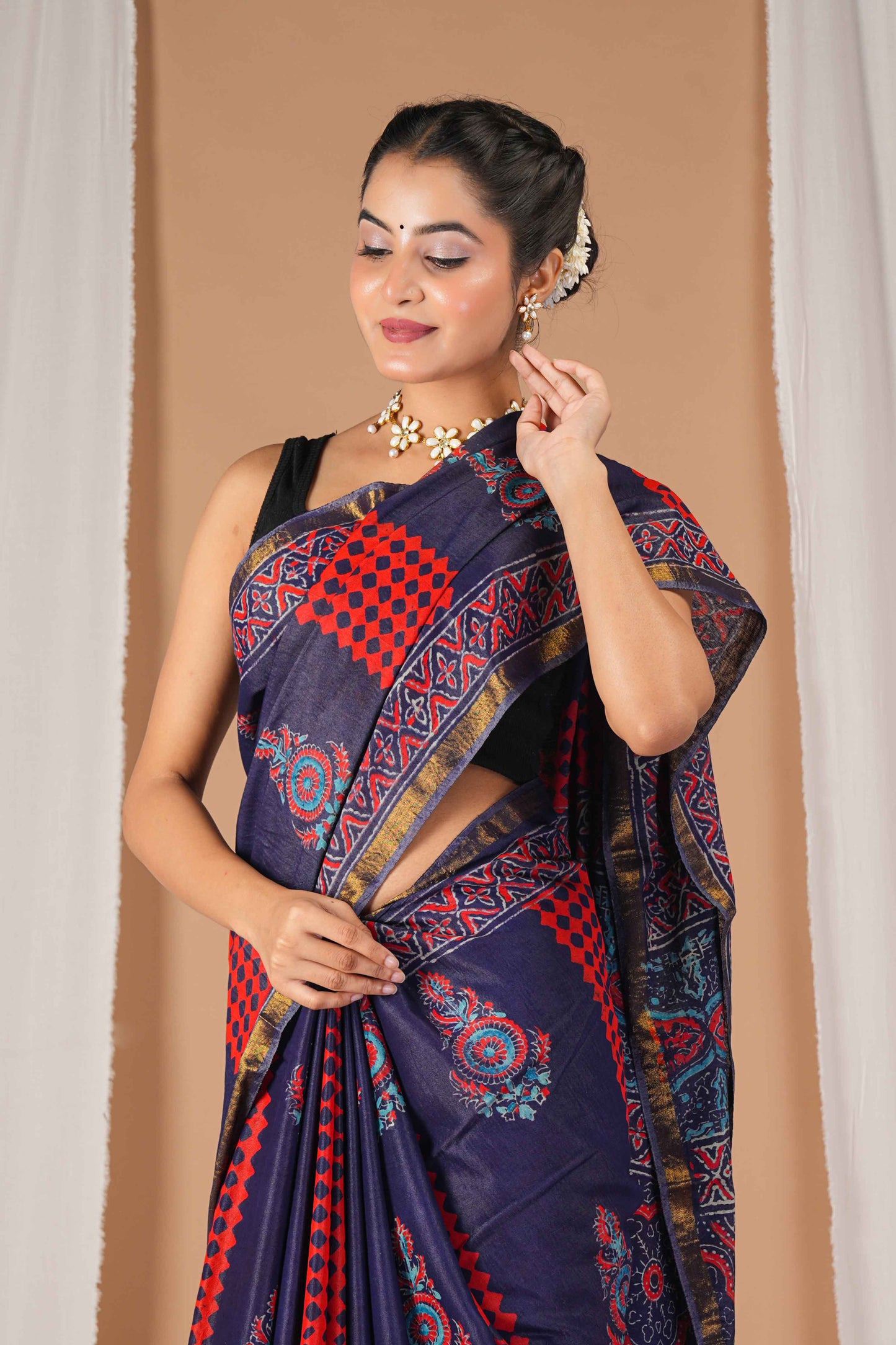 Anuttara Women's Bhagalpuri Multicolor Cotton Silk Hand Block with Golden Border Ethnic Saree With Blouse_AFS1529-FS