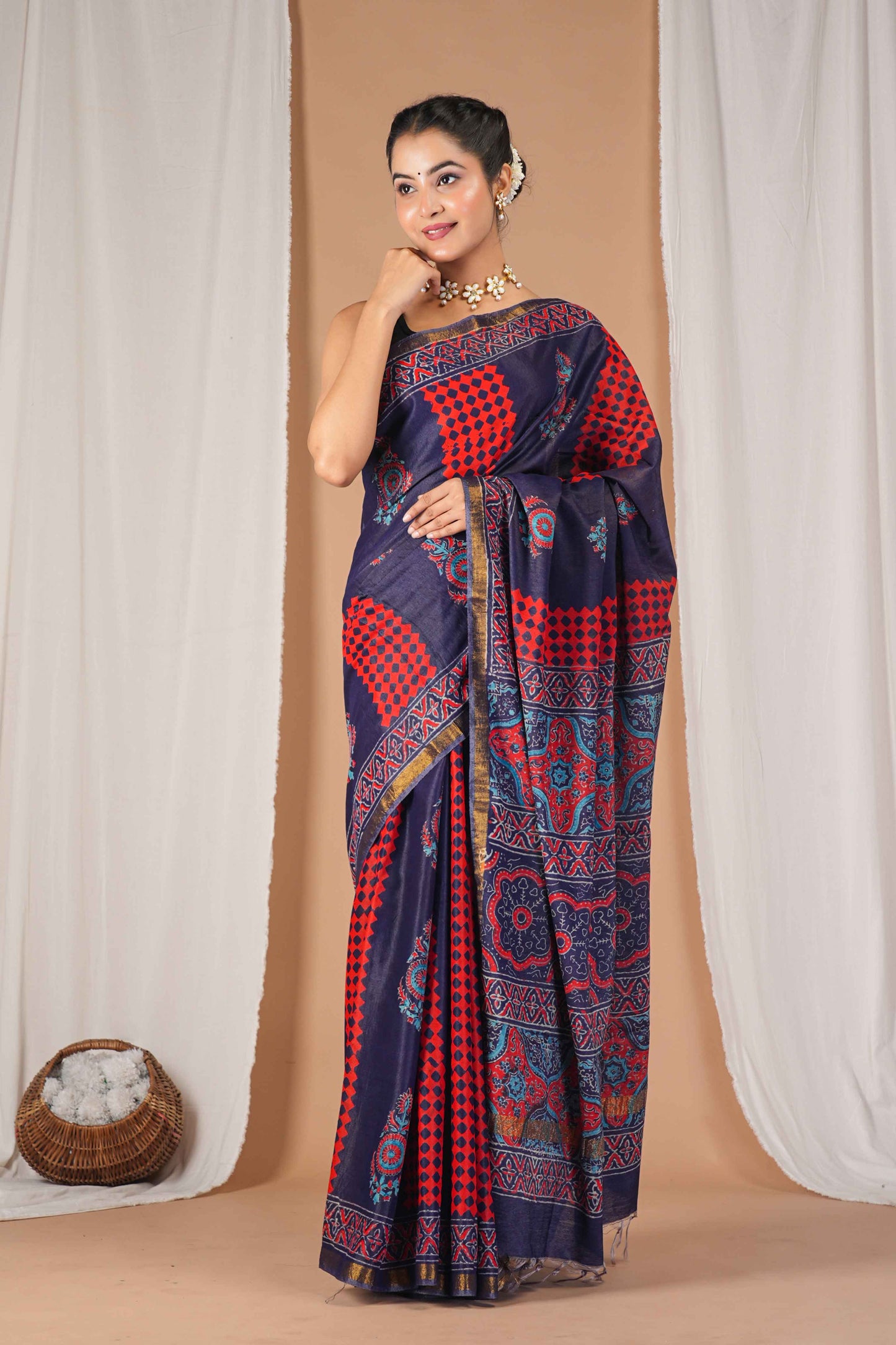 Anuttara Women's Bhagalpuri Multicolor Cotton Silk Hand Block with Golden Border Ethnic Saree With Blouse_AFS1529-FS