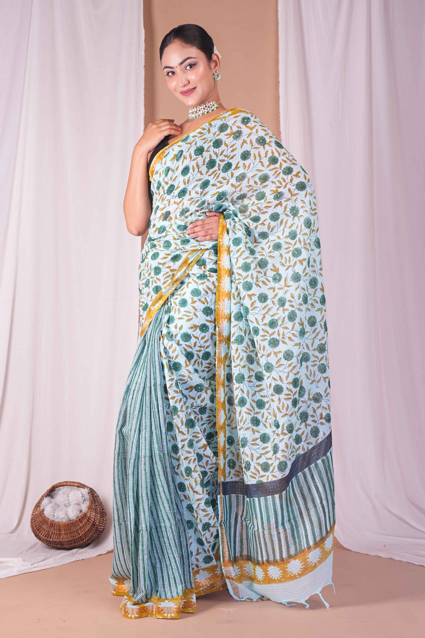 Anuttara Women's Bhagalpuri Mint Green Kota Doria Pigment (Hand Block) with Golden Border Ethnic Saree With Blouse_AFS1530-FS