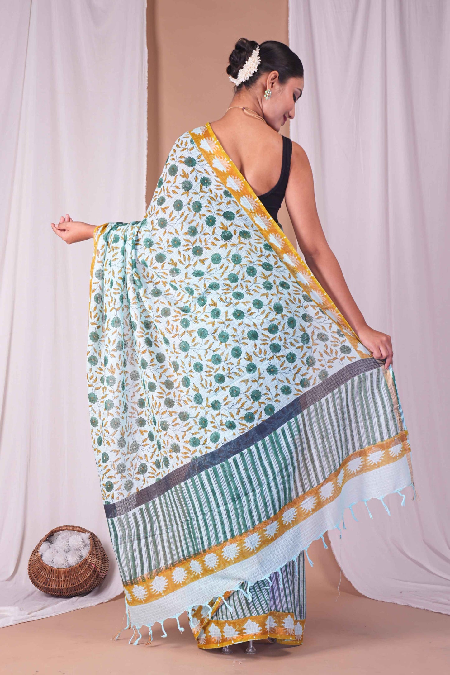 Anuttara Women's Bhagalpuri Mint Green Kota Doria Pigment (Hand Block) with Golden Border Ethnic Saree With Blouse_AFS1530-FS