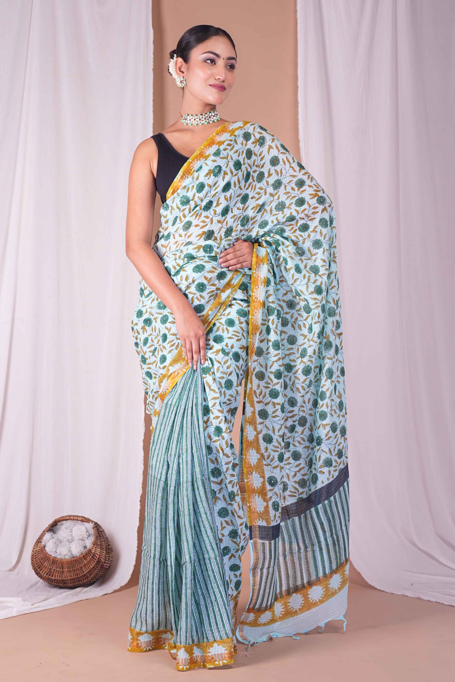 Anuttara Women's Bhagalpuri Mint Green Kota Doria Pigment (Hand Block) with Golden Border Ethnic Saree With Blouse_AFS1530-FS