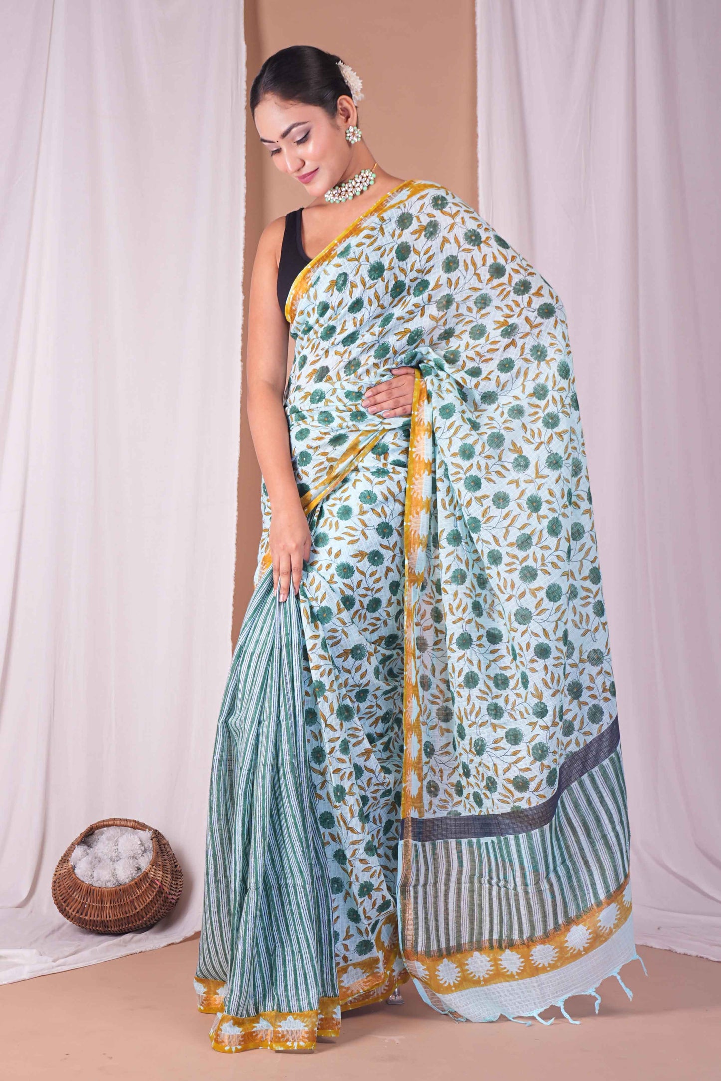 Anuttara Women's Bhagalpuri Mint Green Kota Doria Pigment (Hand Block) with Golden Border Ethnic Saree With Blouse_AFS1530-FS