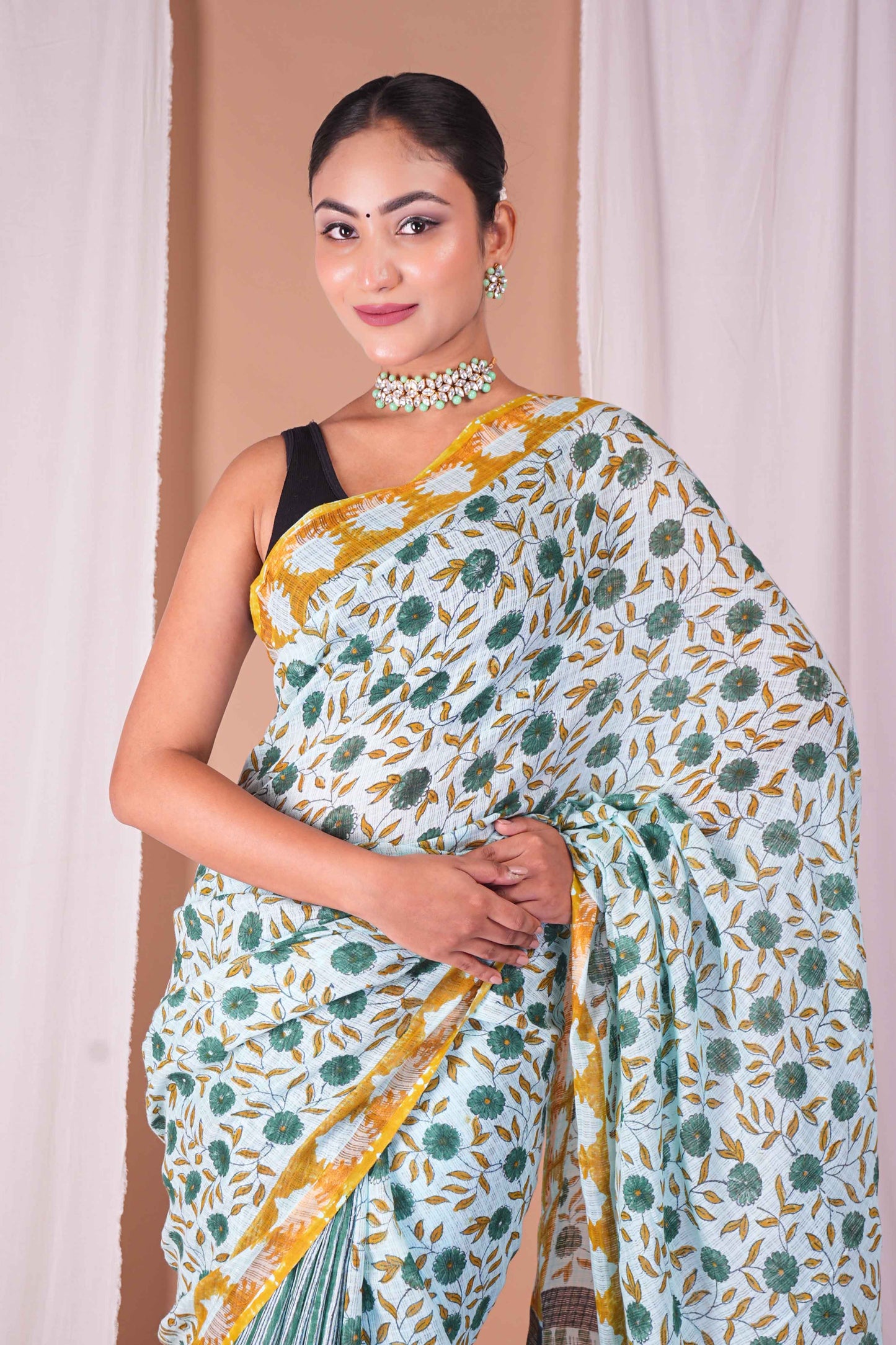Anuttara Women's Bhagalpuri Mint Green Kota Doria Pigment (Hand Block) with Golden Border Ethnic Saree With Blouse_AFS1530-FS