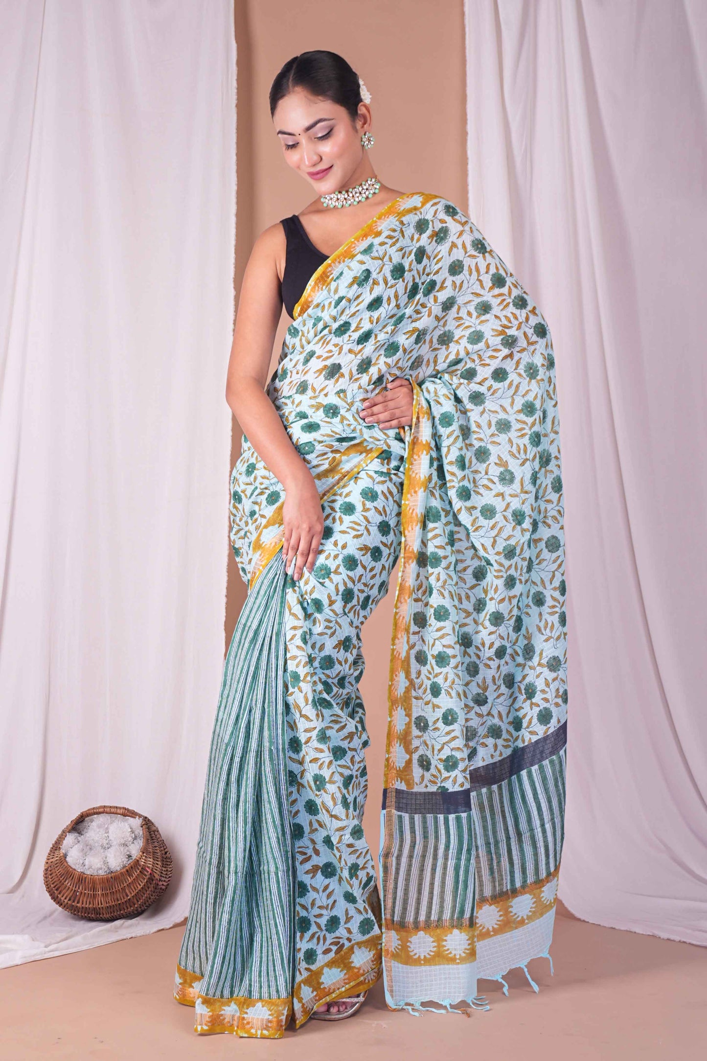 Anuttara Women's Bhagalpuri Mint Green Kota Doria Pigment (Hand Block) with Golden Border Ethnic Saree With Blouse_AFS1530-FS