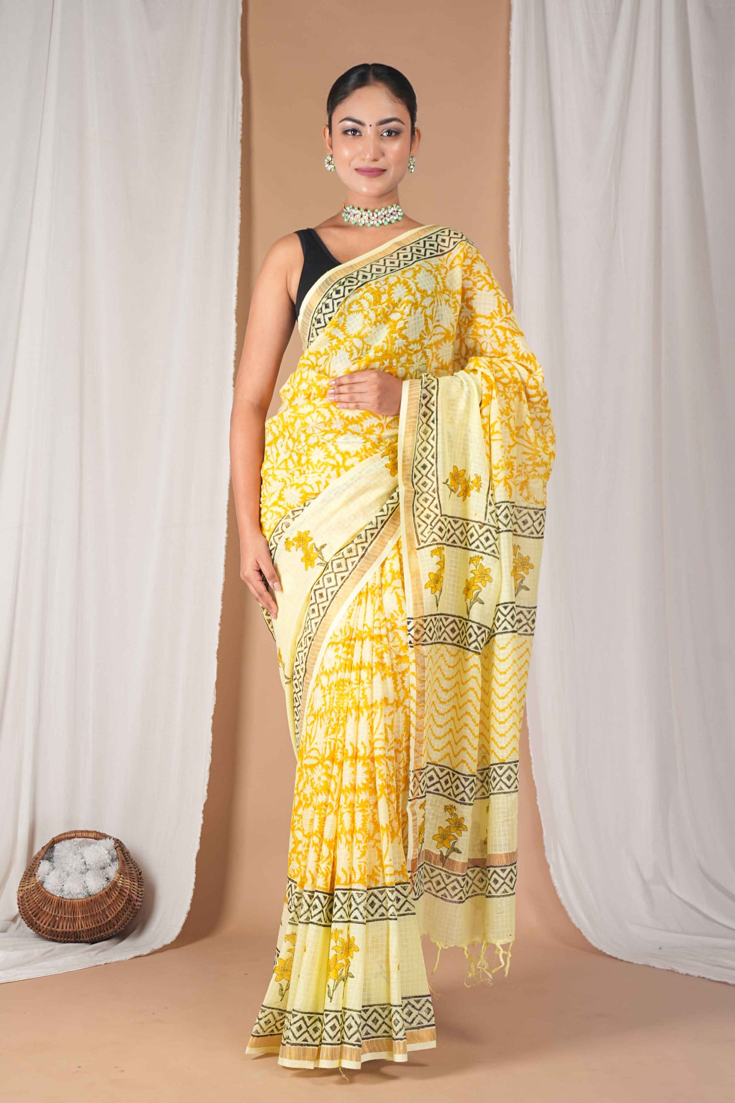 Anuttara Women's Bhagalpuri Yellow Kota Doria Pigment (Hand Block) with Golden Border Ethnic Saree With Blouse_AFS1531-FS