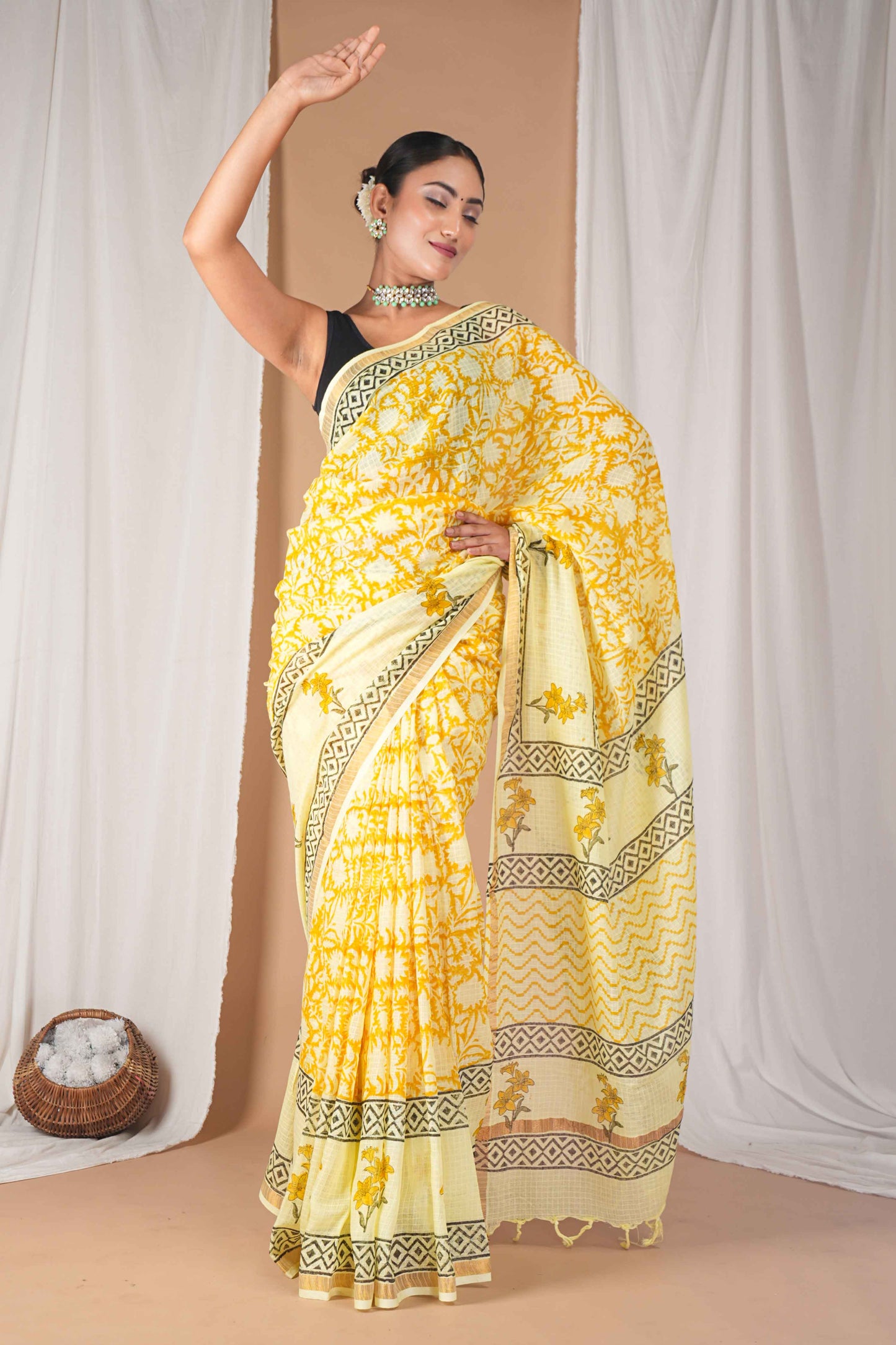 Anuttara Women's Bhagalpuri Yellow Kota Doria Pigment (Hand Block) with Golden Border Ethnic Saree With Blouse_AFS1531-FS