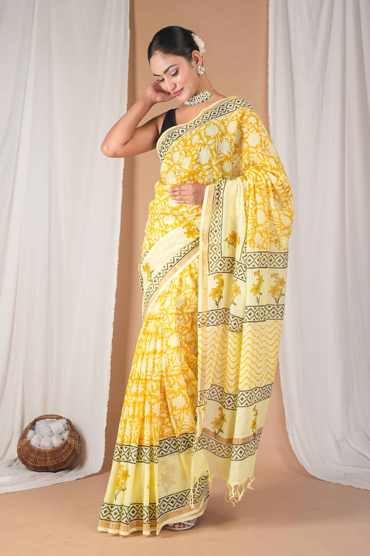 Anuttara Women's Bhagalpuri Yellow Kota Doria Pigment (Hand Block) with Golden Border Ethnic Saree With Blouse_AFS1531-FS