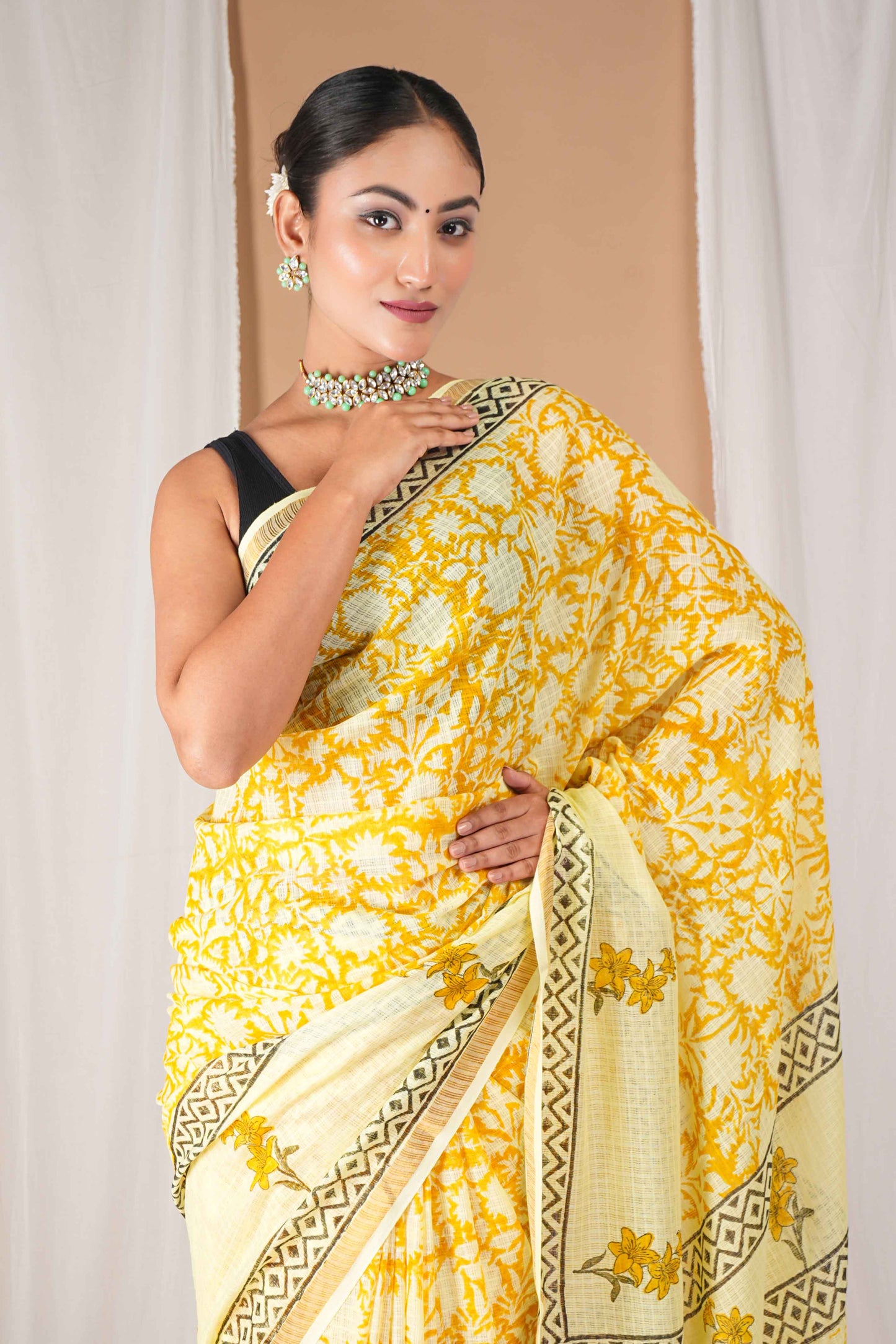 Anuttara Women's Bhagalpuri Yellow Kota Doria Pigment (Hand Block) with Golden Border Ethnic Saree With Blouse_AFS1531-FS