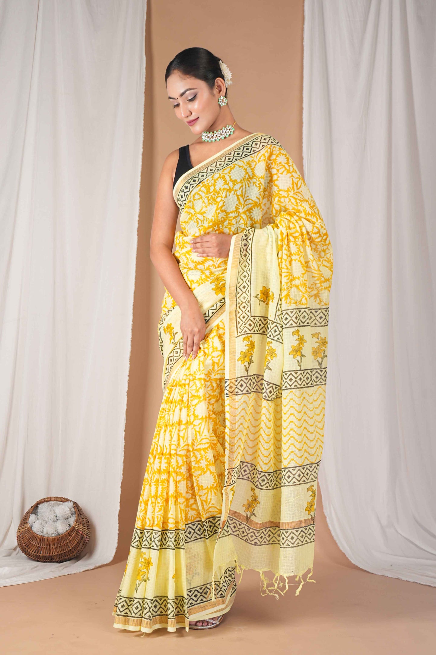 Anuttara Women's Bhagalpuri Yellow Kota Doria Pigment (Hand Block) with Golden Border Ethnic Saree With Blouse_AFS1531-FS