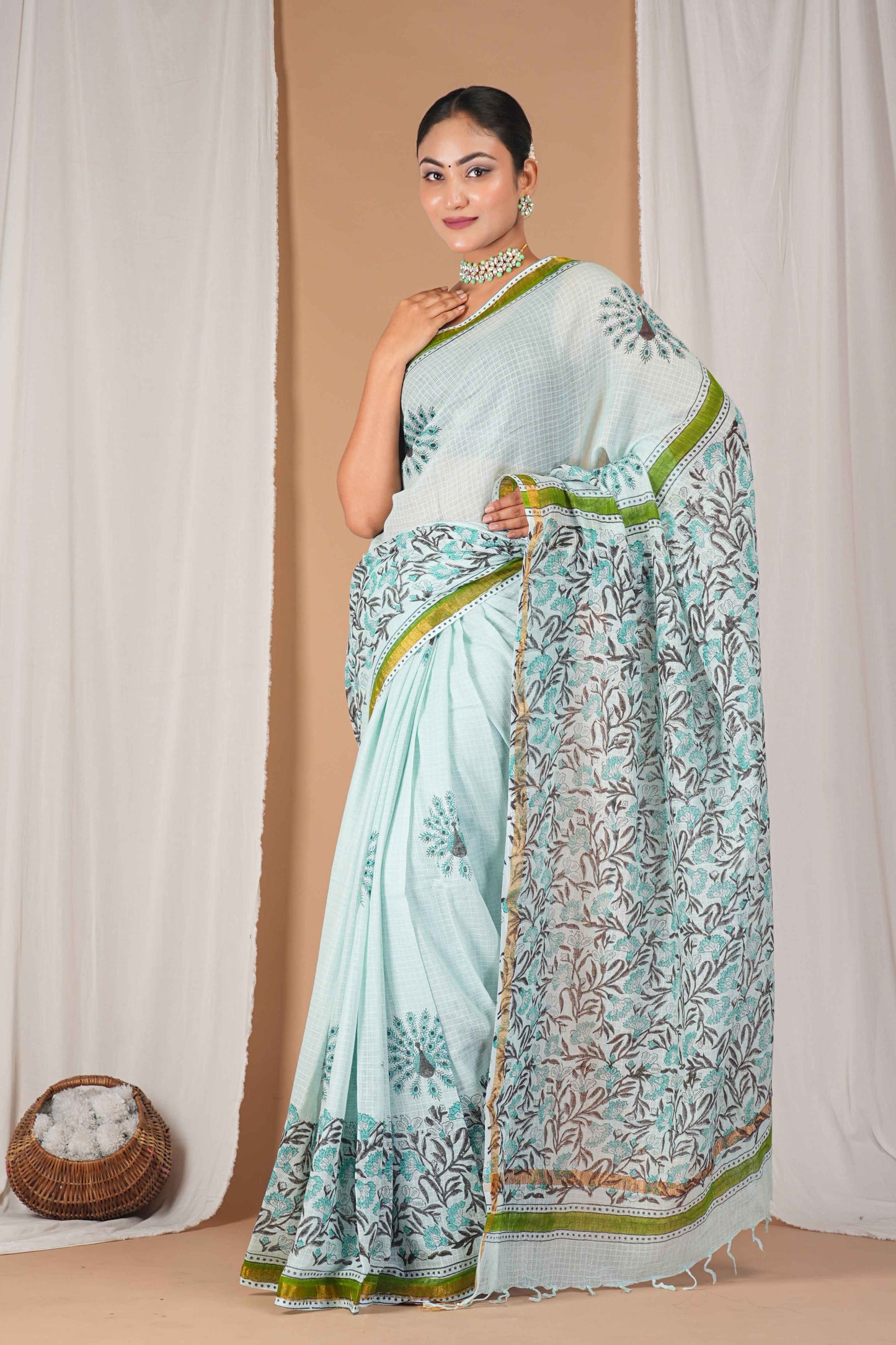 Anuttara Women's Bhagalpuri Mint Green Kota Doria Pigment (Hand Block) with Golden Border Ethnic Saree With Blouse_AFS1532-FS