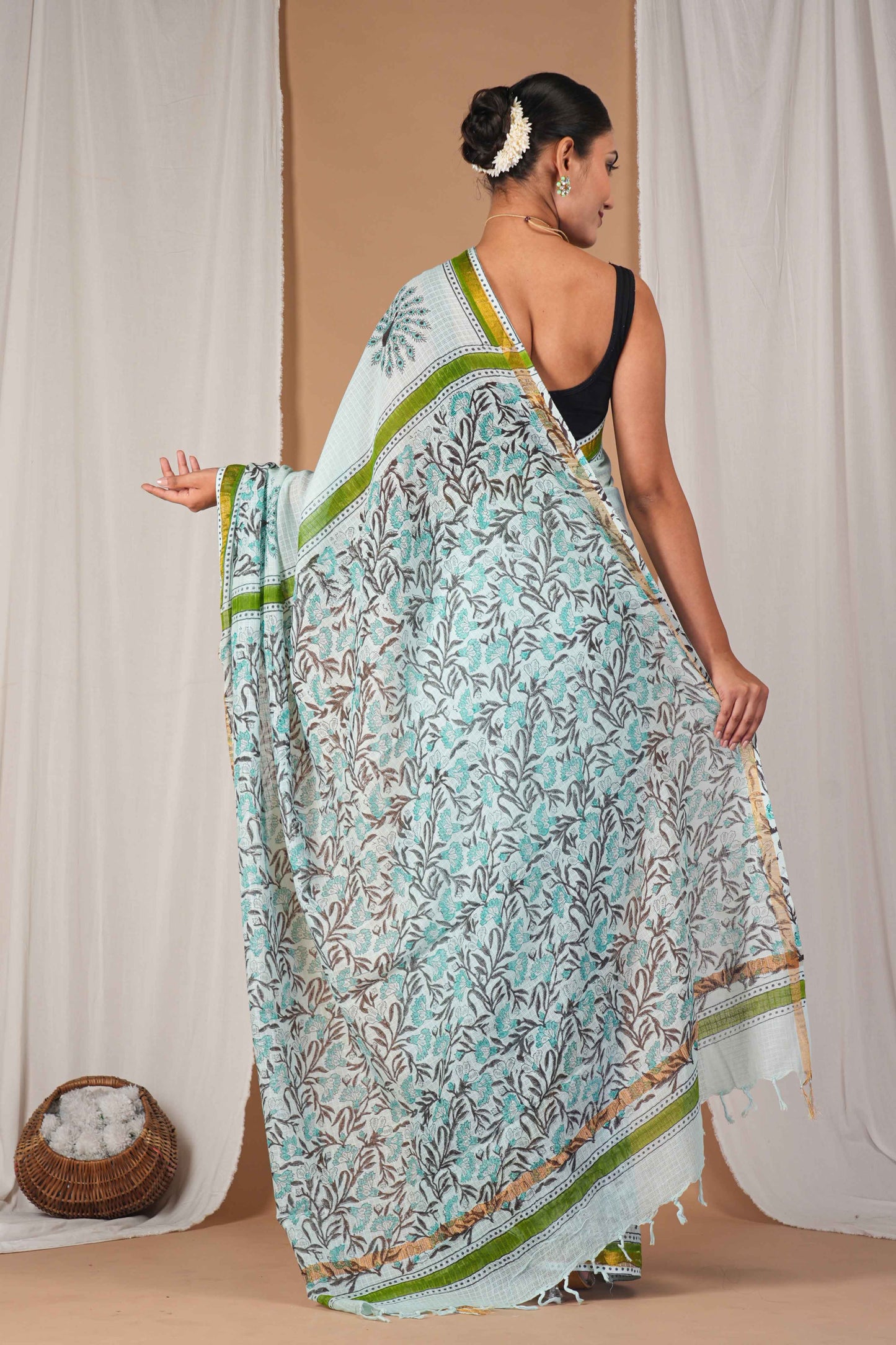 Anuttara Women's Bhagalpuri Mint Green Kota Doria Pigment (Hand Block) with Golden Border Ethnic Saree With Blouse_AFS1532-FS