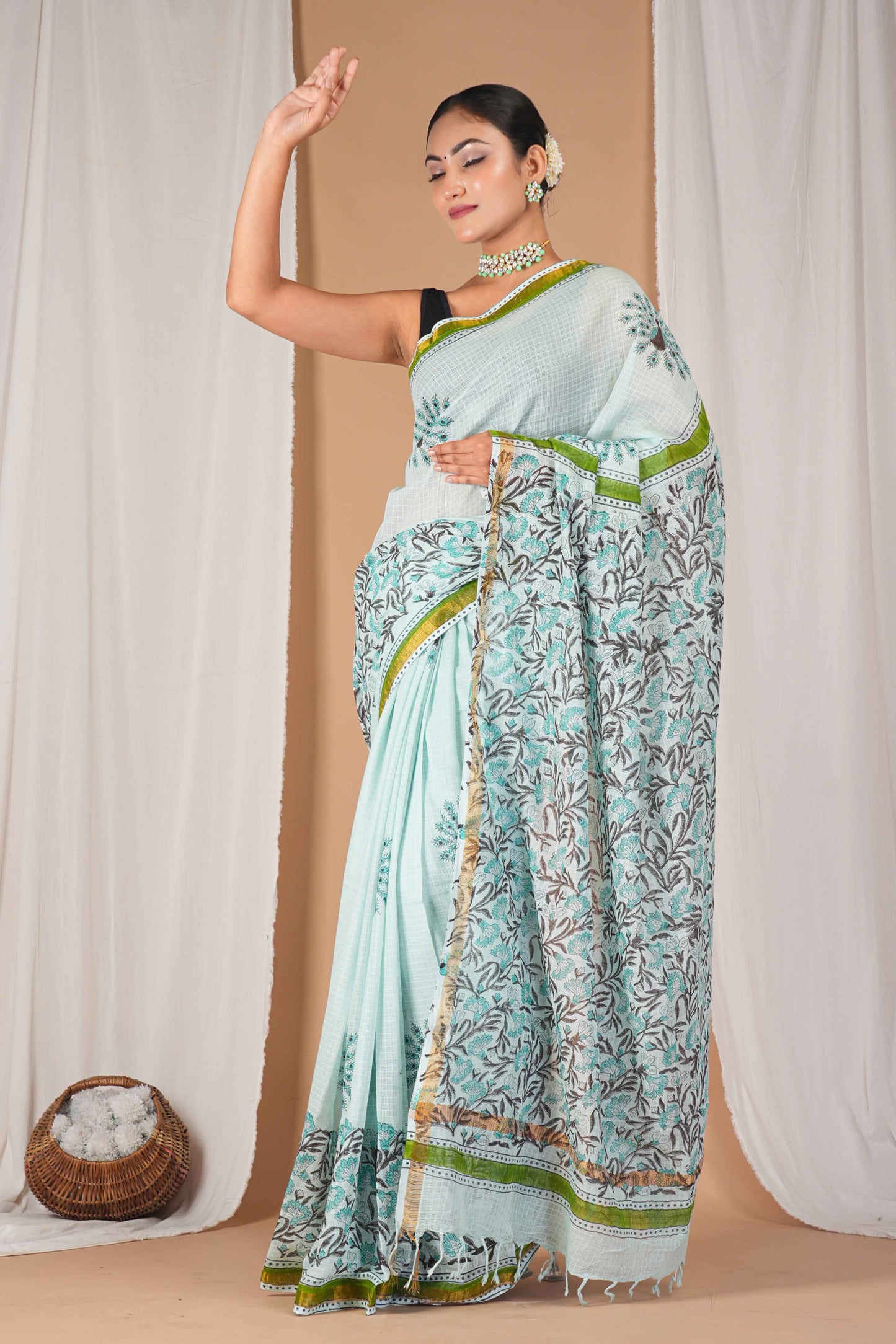 Anuttara Women's Bhagalpuri Mint Green Kota Doria Pigment (Hand Block) with Golden Border Ethnic Saree With Blouse_AFS1532-FS