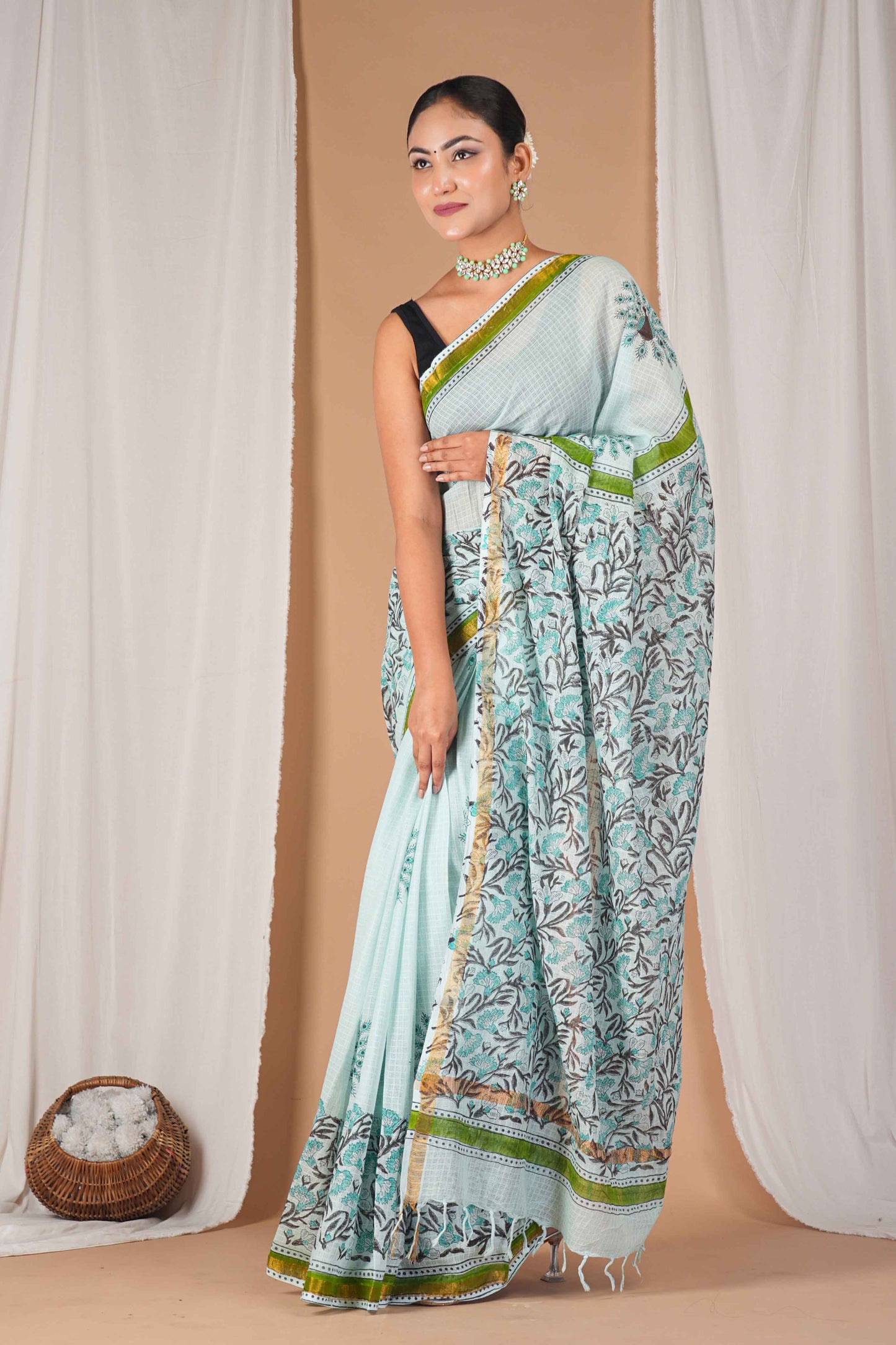 Anuttara Women's Bhagalpuri Mint Green Kota Doria Pigment (Hand Block) with Golden Border Ethnic Saree With Blouse_AFS1532-FS