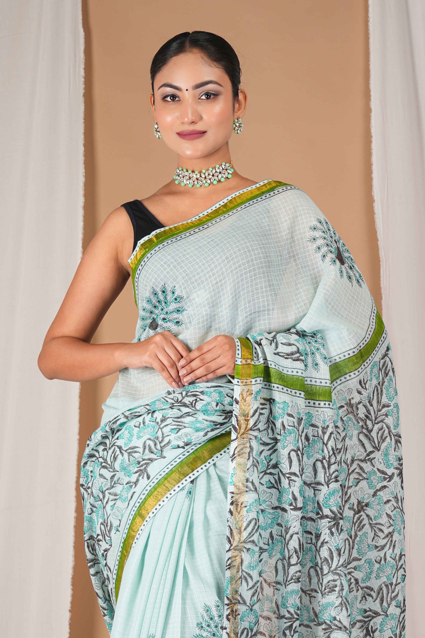 Anuttara Women's Bhagalpuri Mint Green Kota Doria Pigment (Hand Block) with Golden Border Ethnic Saree With Blouse_AFS1532-FS