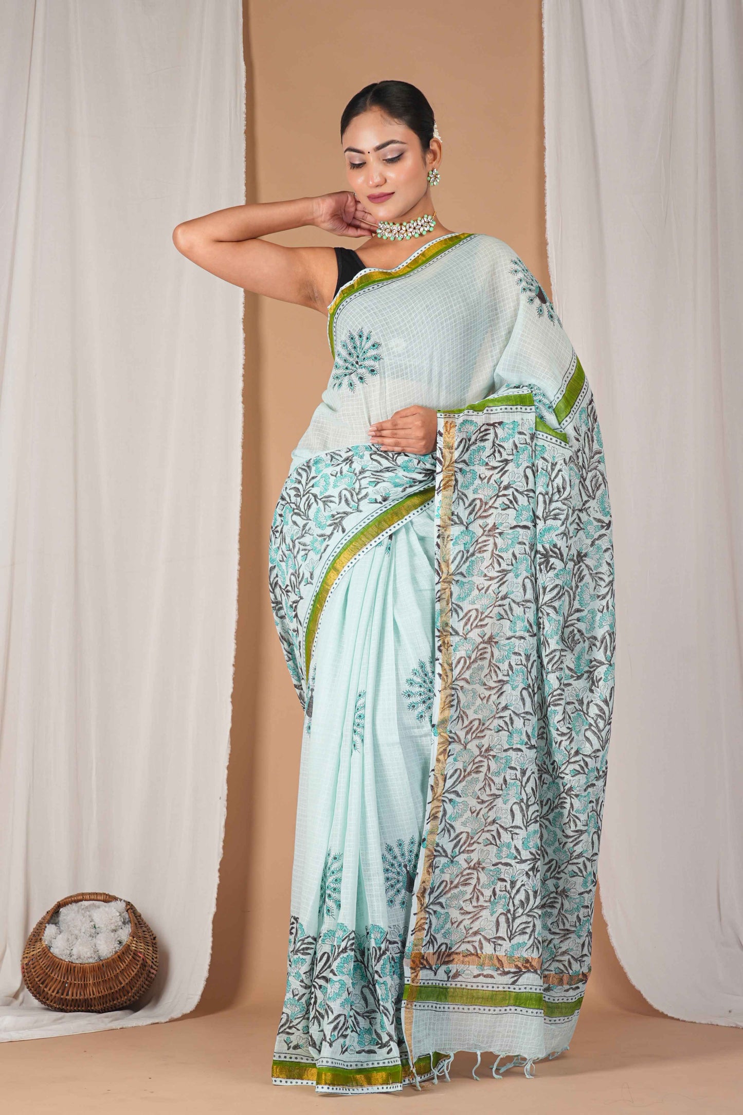 Anuttara Women's Bhagalpuri Mint Green Kota Doria Pigment (Hand Block) with Golden Border Ethnic Saree With Blouse_AFS1532-FS