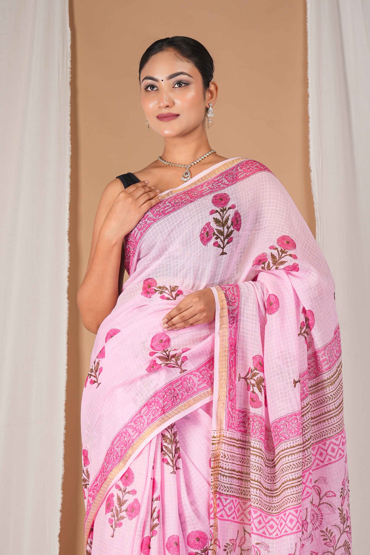 Anuttara Women's Bhagalpuri Pink Kota Doria Pigment (Hand Block) with Golden Border Ethnic Saree With Blouse_AFS1533-FS