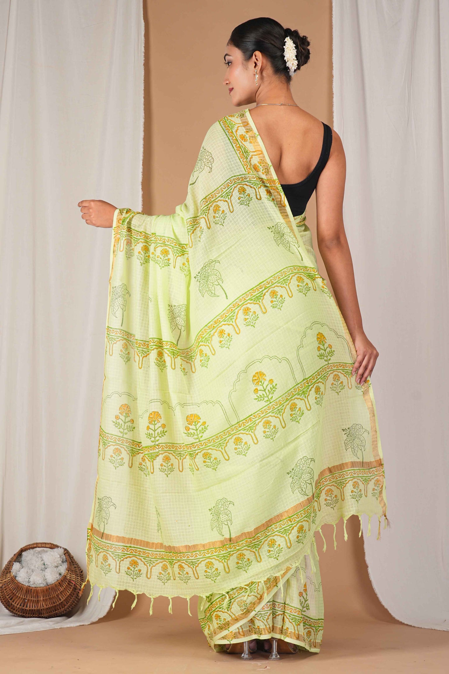 Anuttara Women's Bhagalpuri Parrot Green Kota Doria Pigment (Hand Block) with Golden Border Ethnic Saree With Blouse_AFS1534-FS