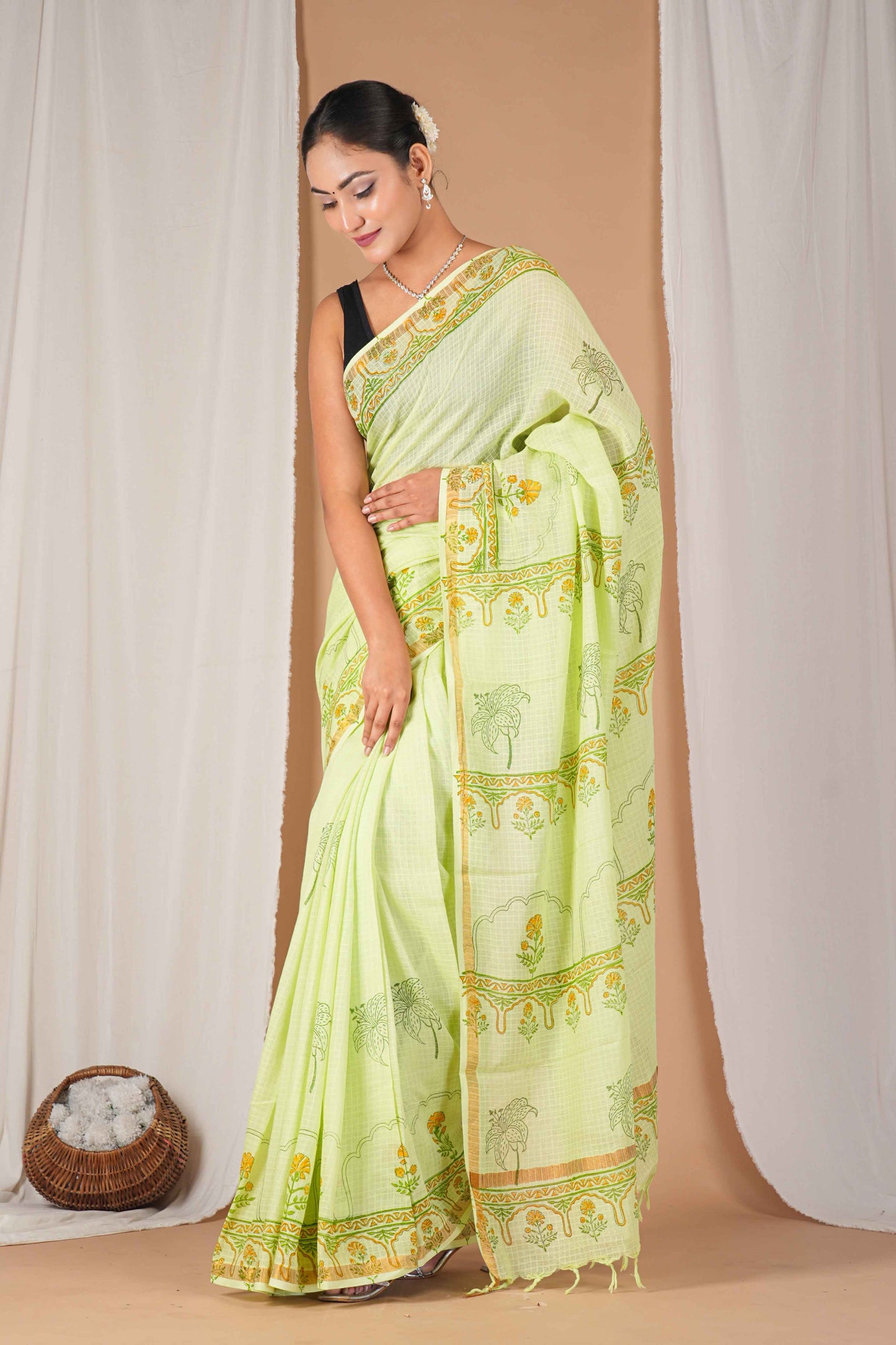 Anuttara Women's Bhagalpuri Parrot Green Kota Doria Pigment (Hand Block) with Golden Border Ethnic Saree With Blouse_AFS1534-FS