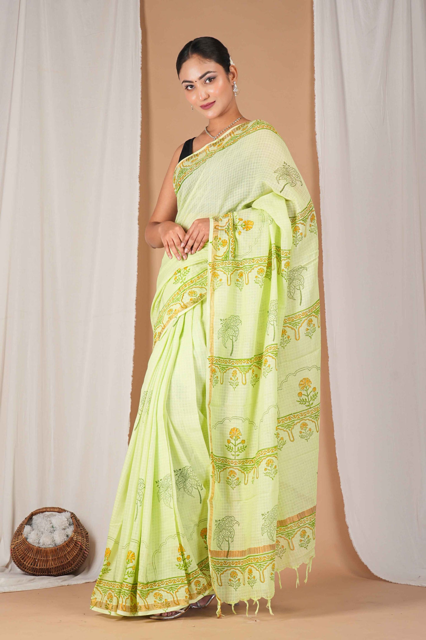 Anuttara Women's Bhagalpuri Parrot Green Kota Doria Pigment (Hand Block) with Golden Border Ethnic Saree With Blouse_AFS1534-FS