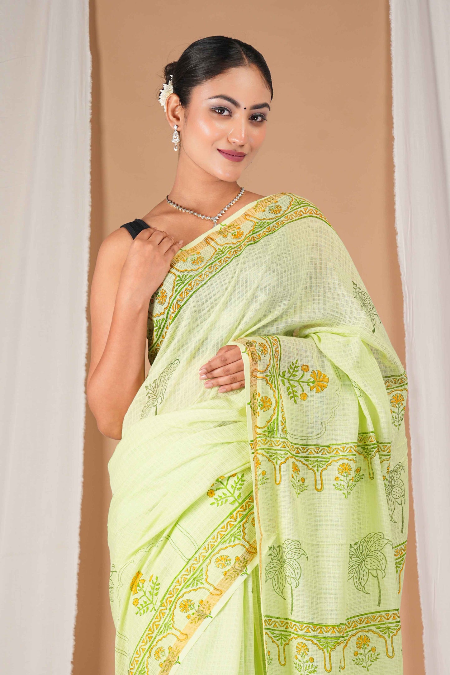 Anuttara Women's Bhagalpuri Parrot Green Kota Doria Pigment (Hand Block) with Golden Border Ethnic Saree With Blouse_AFS1534-FS