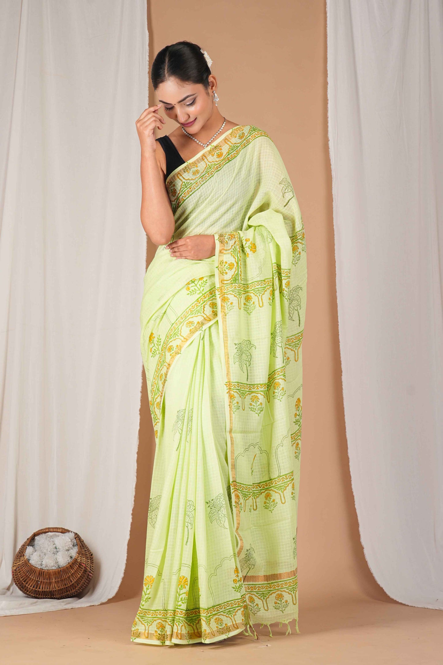 Anuttara Women's Bhagalpuri Parrot Green Kota Doria Pigment (Hand Block) with Golden Border Ethnic Saree With Blouse_AFS1534-FS