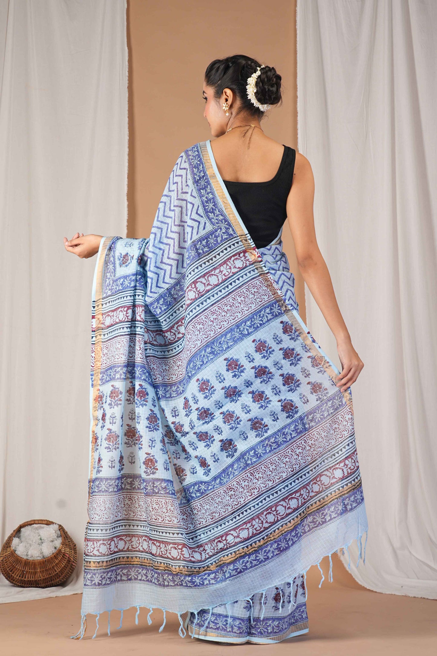 Anuttara Women's Bhagalpuri Mint Blue Kota Doria Pigment (Hand Block) with Golden Border Ethnic Saree With Blouse_AFS1535-FS