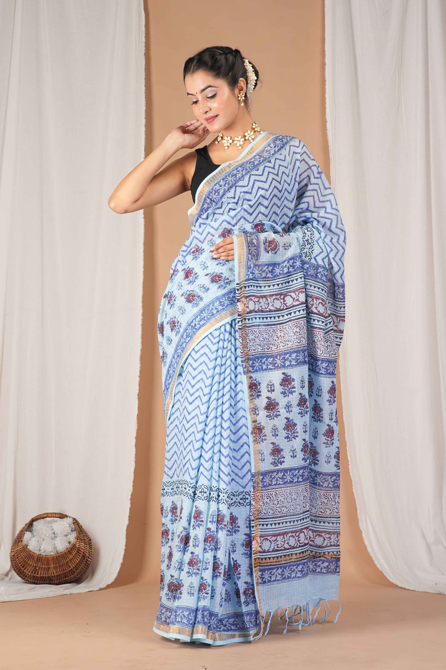 Anuttara Women's Bhagalpuri Mint Blue Kota Doria Pigment (Hand Block) with Golden Border Ethnic Saree With Blouse_AFS1535-FS