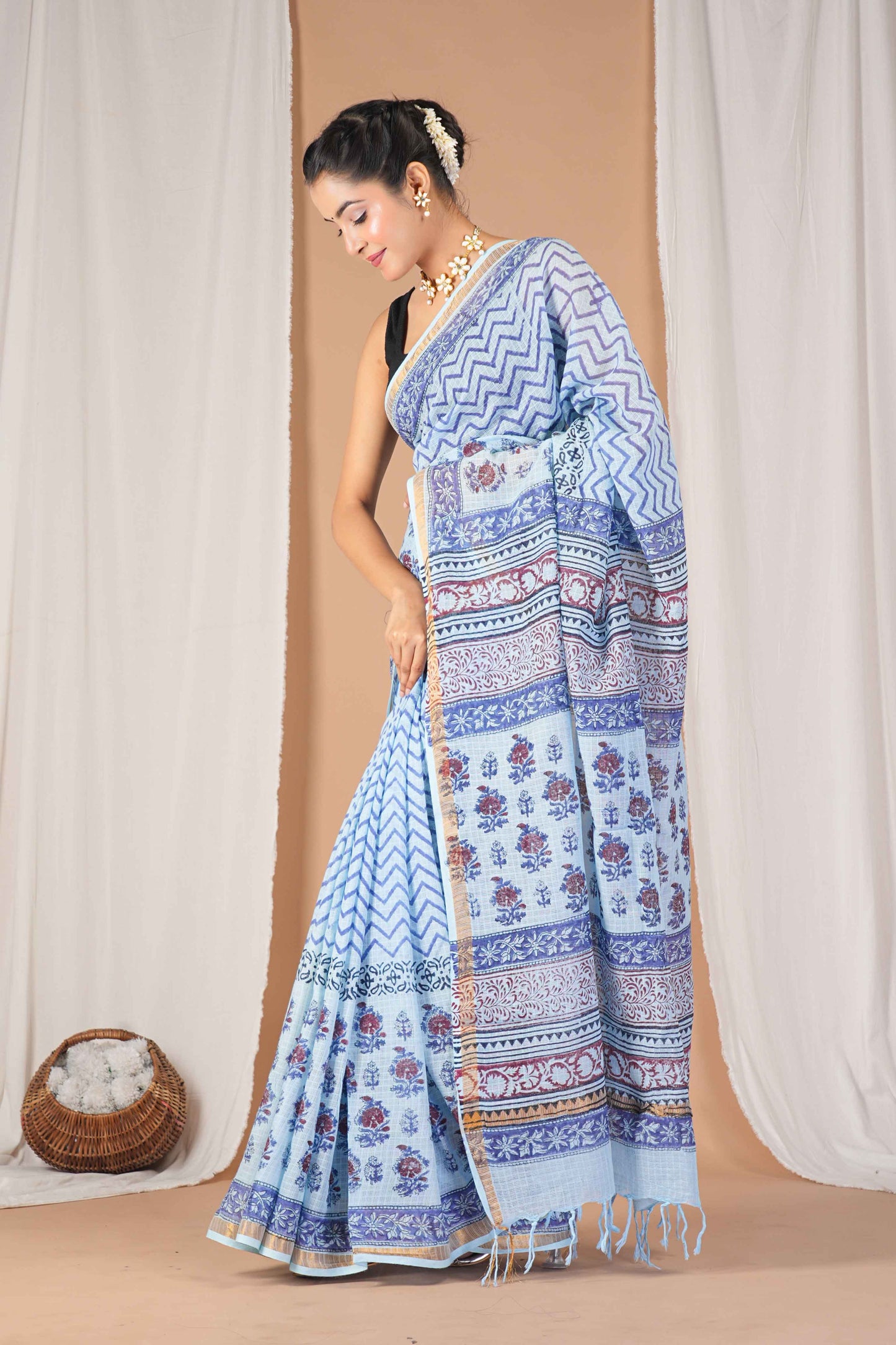 Anuttara Women's Bhagalpuri Mint Blue Kota Doria Pigment (Hand Block) with Golden Border Ethnic Saree With Blouse_AFS1535-FS