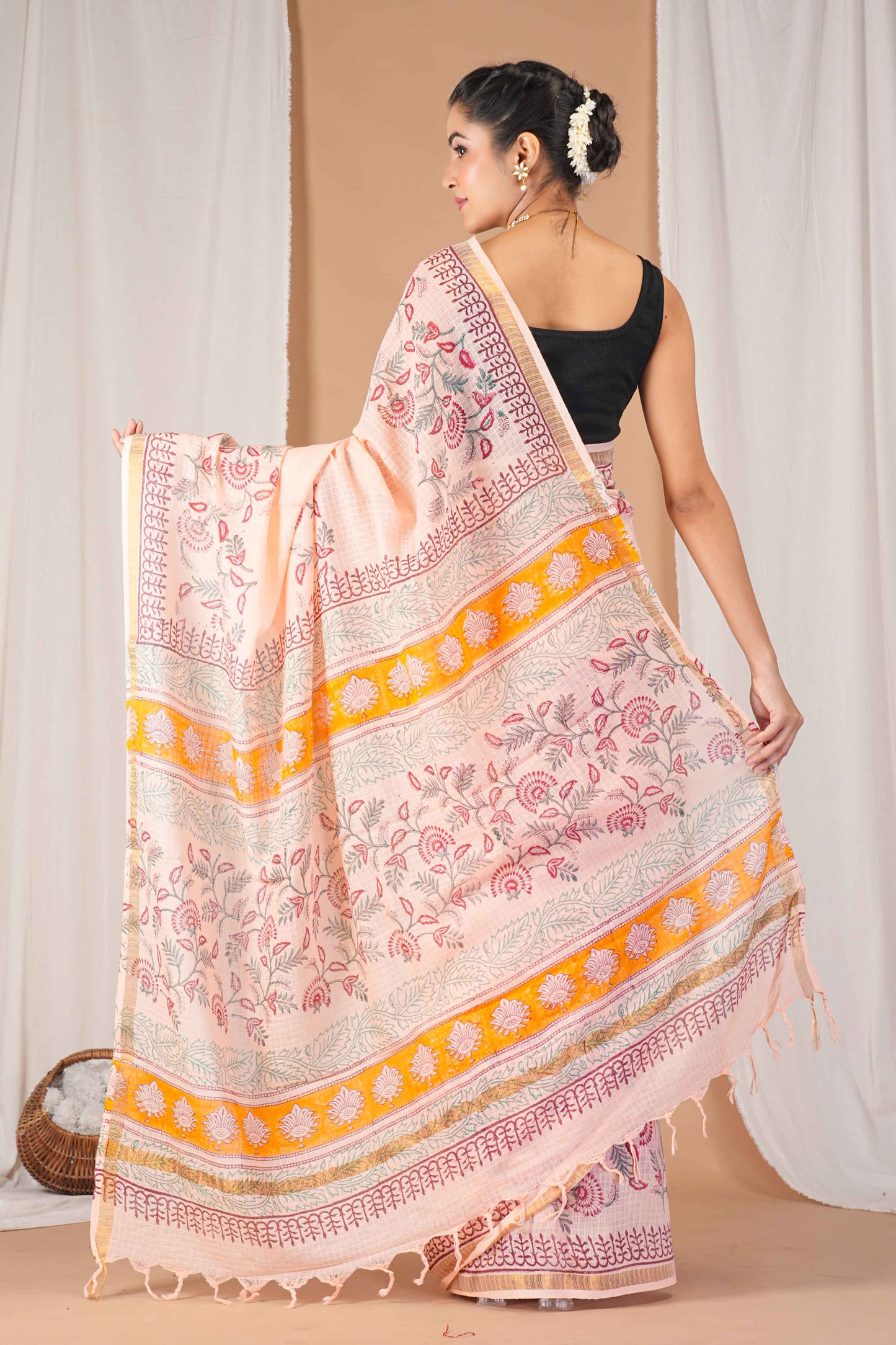 Anuttara Women's Bhagalpuri Peach Kota Doria Pigment (Hand Block) with Golden Border Ethnic Saree With Blouse_AFS1536-FS