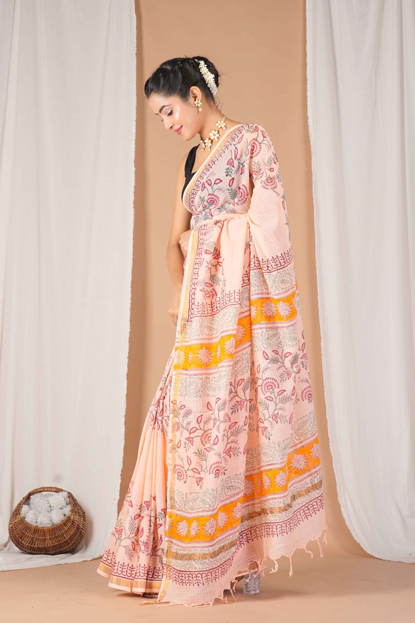 Anuttara Women's Bhagalpuri Peach Kota Doria Pigment (Hand Block) with Golden Border Ethnic Saree With Blouse_AFS1536-FS