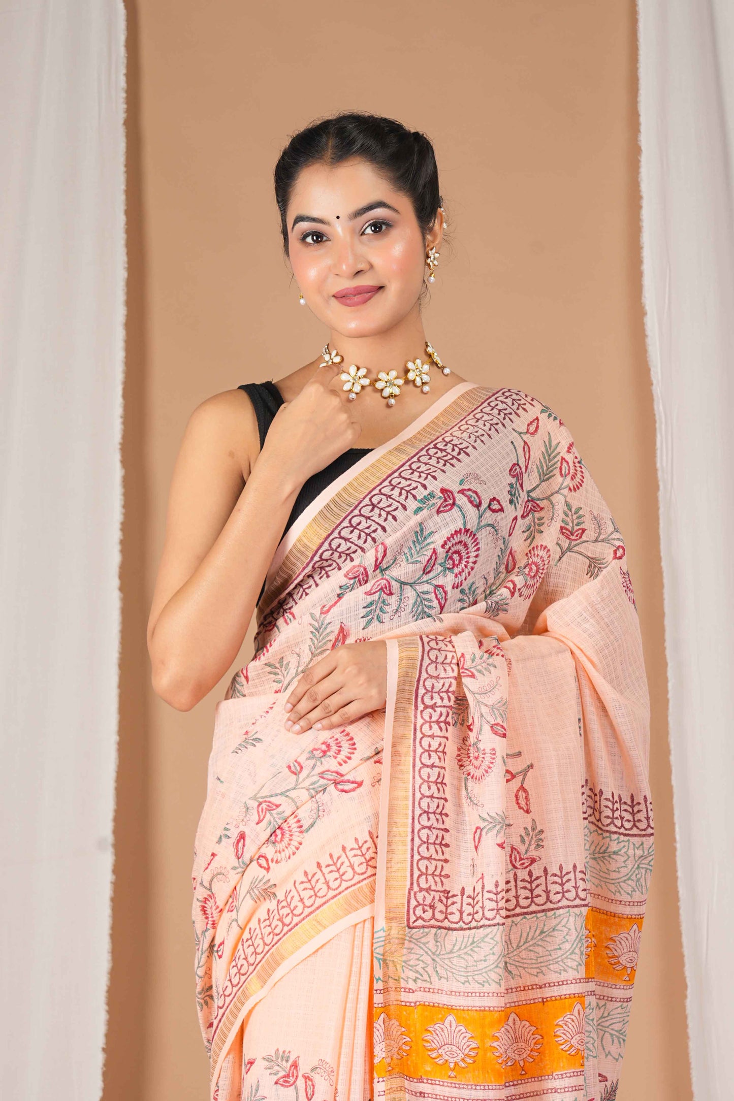 Anuttara Women's Bhagalpuri Peach Kota Doria Pigment (Hand Block) with Golden Border Ethnic Saree With Blouse_AFS1536-FS