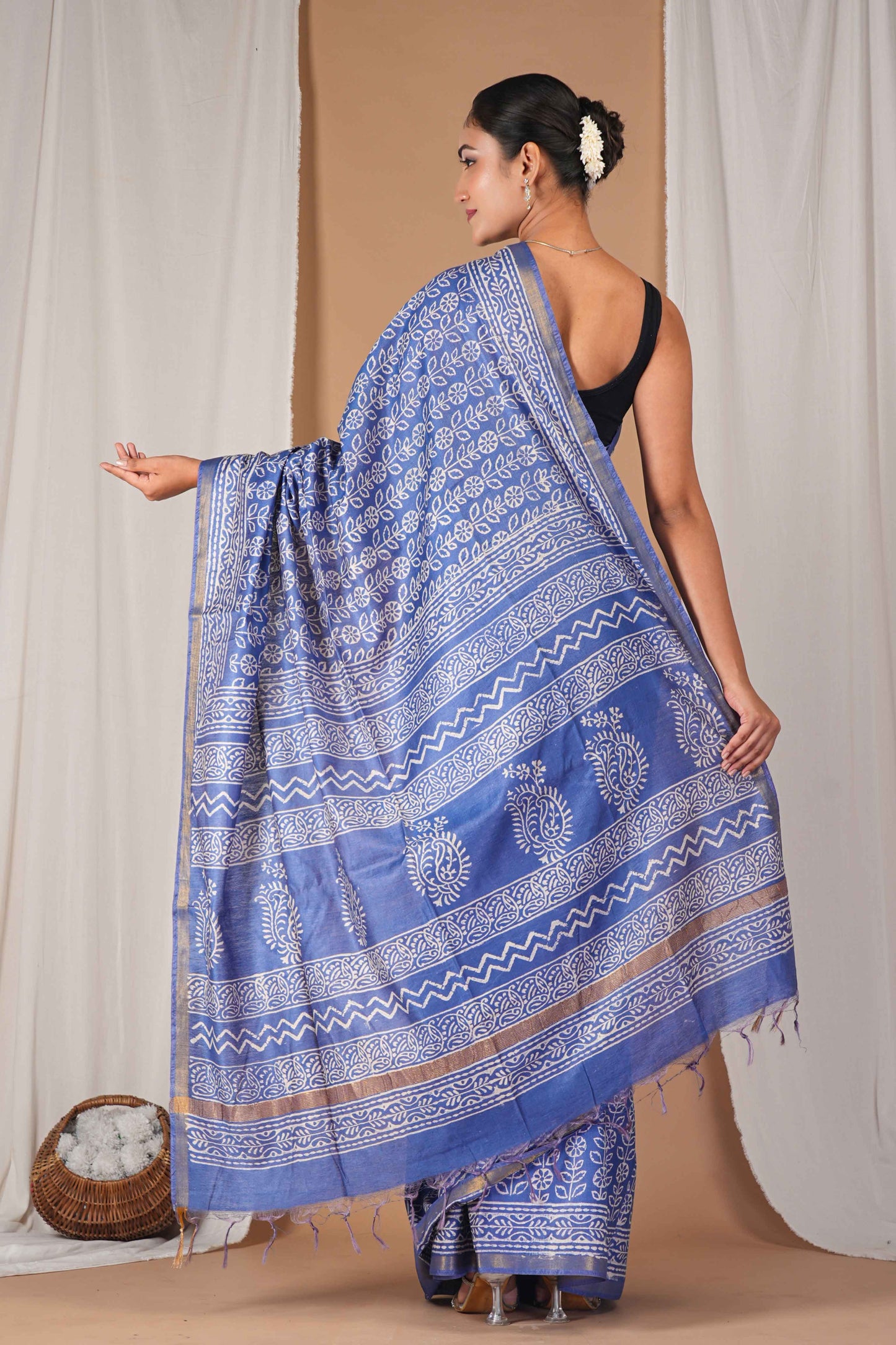 Anuttara Women's Bhagalpuri Blue Cotton Silk Discharge (Hand Block) with Golden Border Ethnic Saree With Blouse_AFS1543-FS