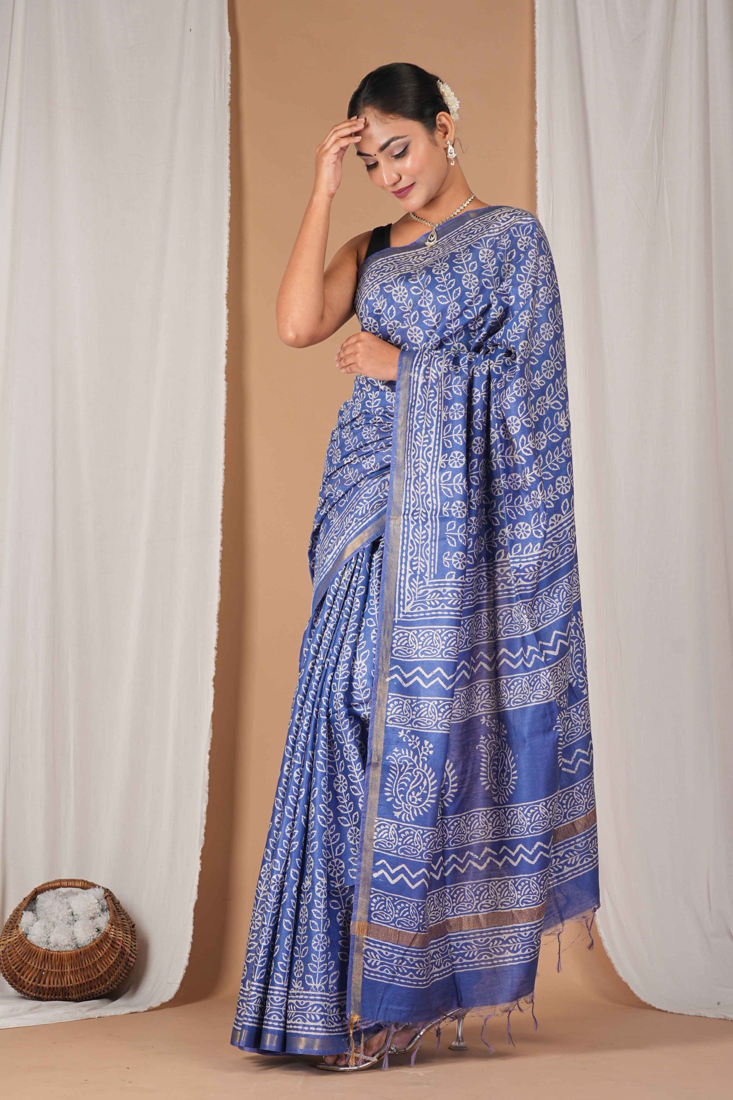 Anuttara Women's Bhagalpuri Blue Cotton Silk Discharge (Hand Block) with Golden Border Ethnic Saree With Blouse_AFS1543-FS