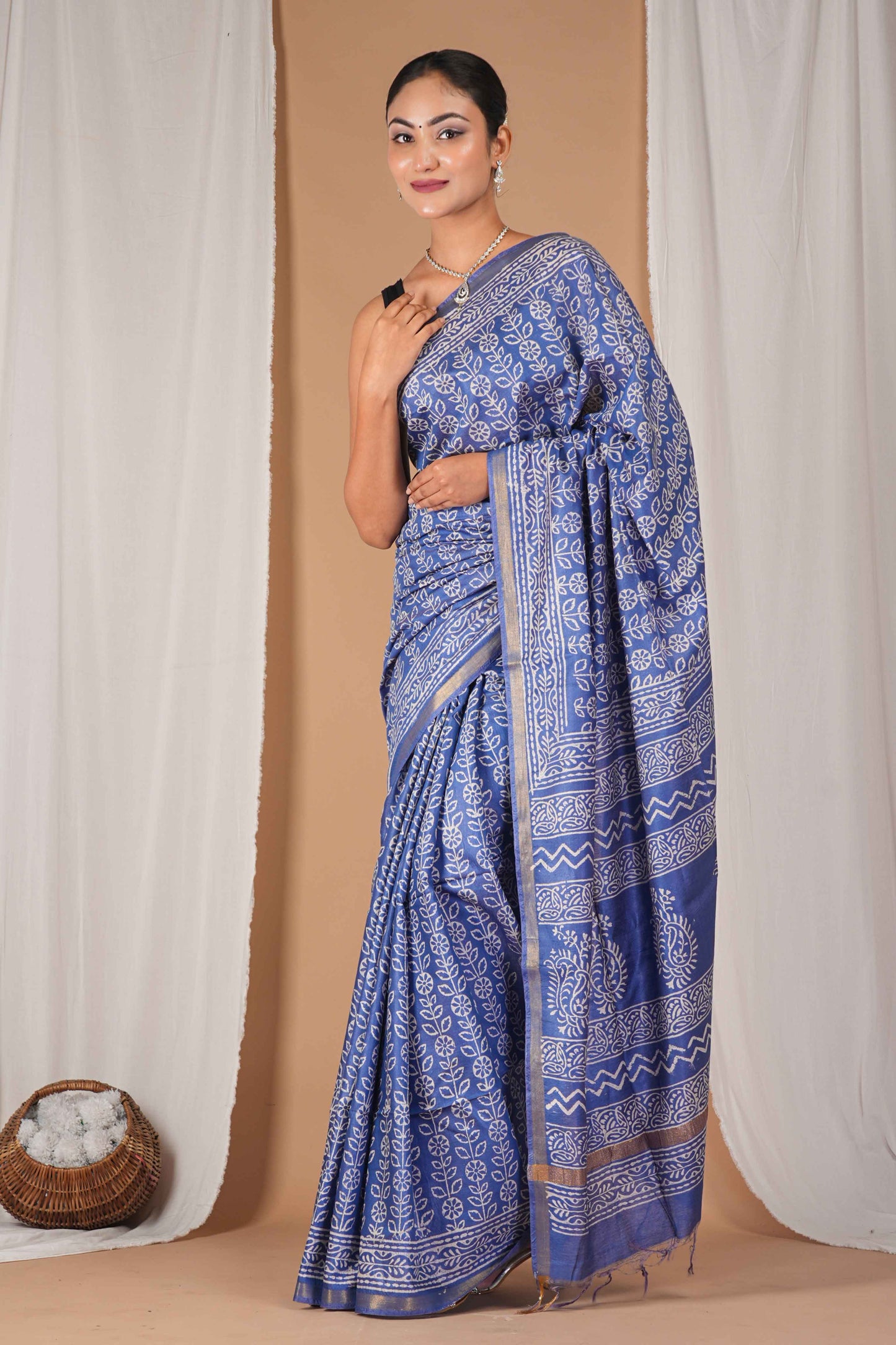 Anuttara Women's Bhagalpuri Blue Cotton Silk Discharge (Hand Block) with Golden Border Ethnic Saree With Blouse_AFS1543-FS