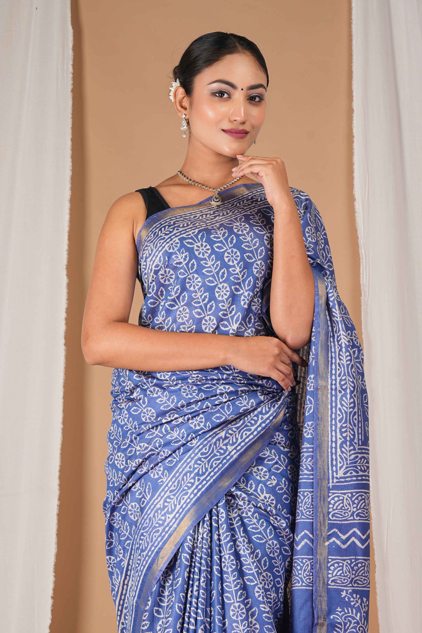 Anuttara Women's Bhagalpuri Blue Cotton Silk Discharge (Hand Block) with Golden Border Ethnic Saree With Blouse_AFS1543-FS