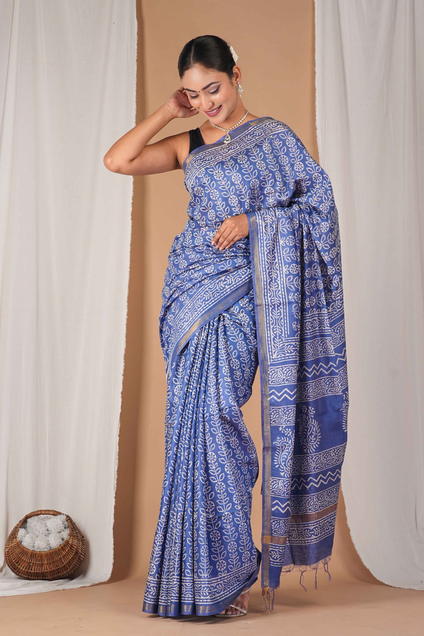 Anuttara Women's Bhagalpuri Blue Cotton Silk Discharge (Hand Block) with Golden Border Ethnic Saree With Blouse_AFS1543-FS