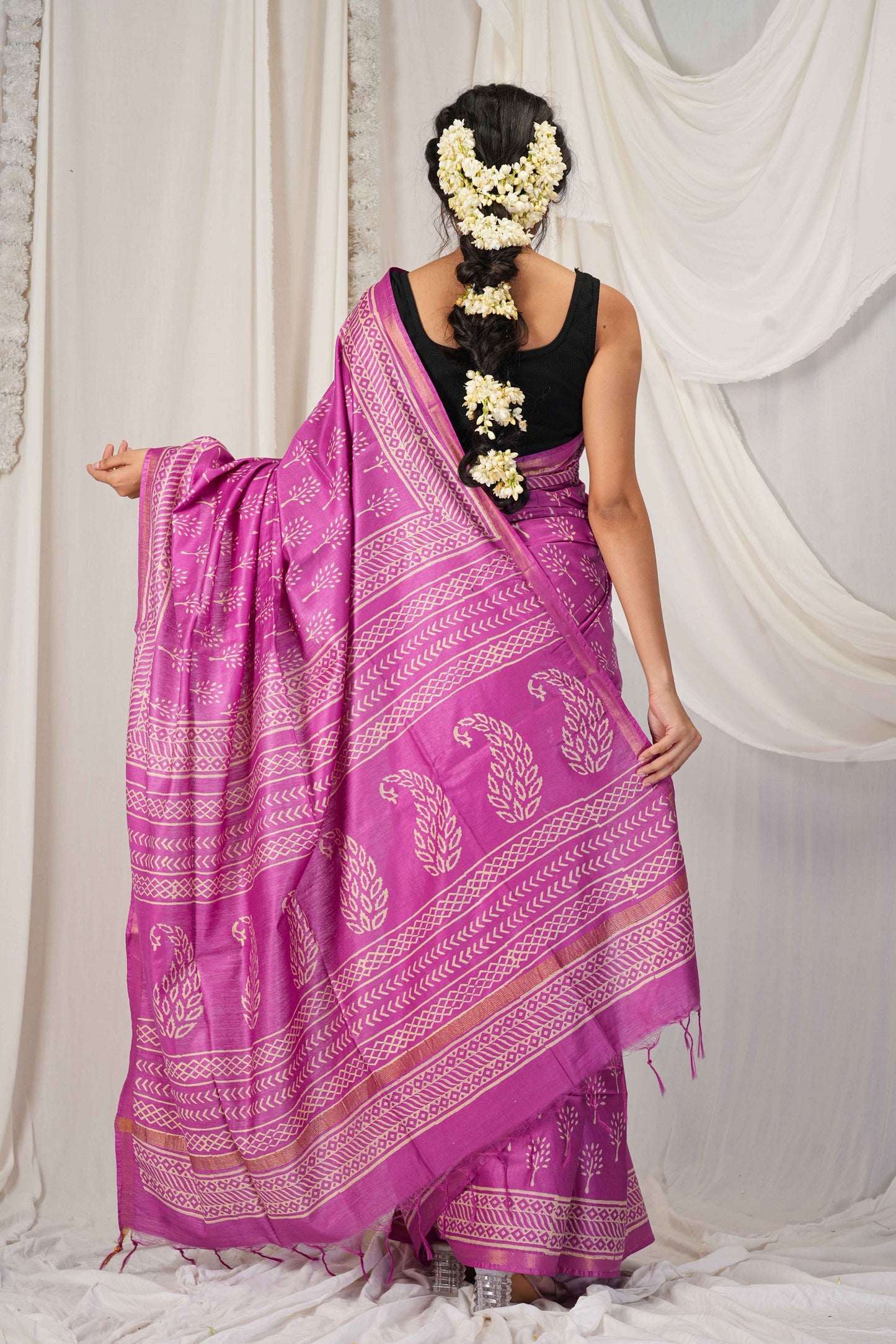 Anuttara Women's Bhagalpuri Purple Cotton Silk Discharge (Hand Block) with Golden Border Ethnic Saree With Blouse_AFS1544-FS